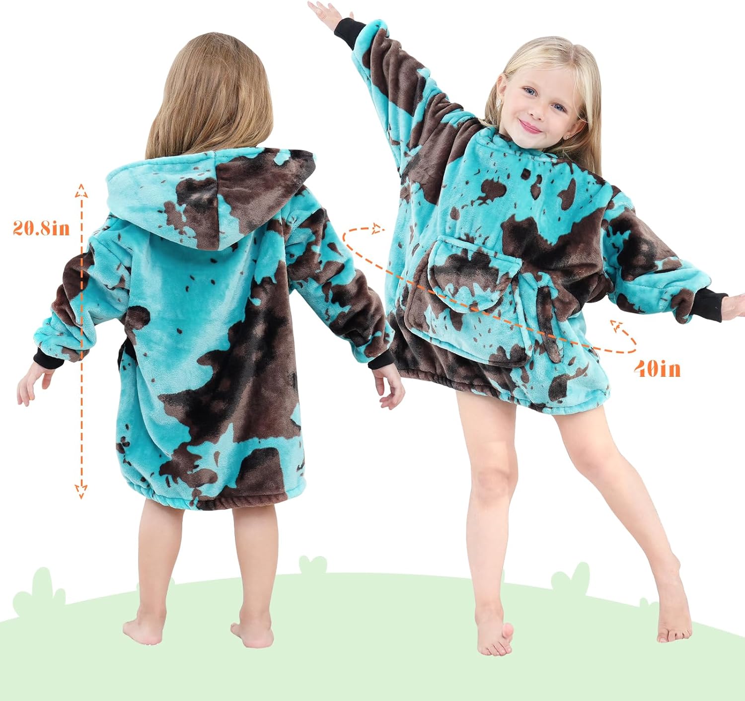 cow print Turquoise Wearable Blanket Hoodies for Kids Gifts for 2-5 Year Old Boys Girls, Soft Fleece Teal Blue Sweatshirt Blanket with Pocket - Image 4
