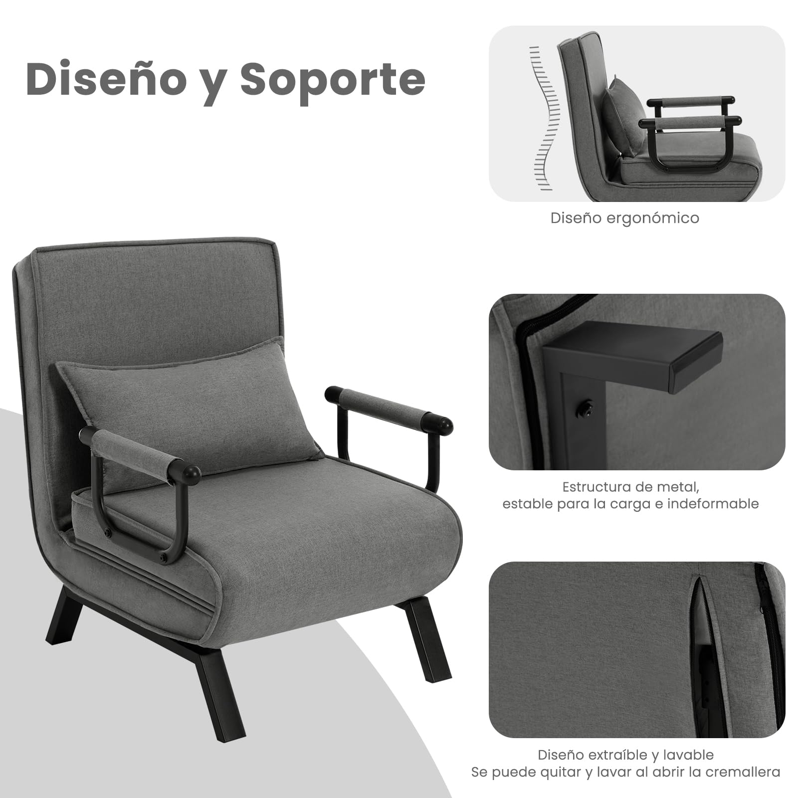 WOLTU Sofá Cama, Sillón Reclinable con Respaldo Ajustable, Puff Cama 1 Plaza, Butaca de Salón 3 en 1, Sillon Cama Individual con Almohada y Reposabrazos, Lino, 65 x 75 x 78cm, Gris Oscuro