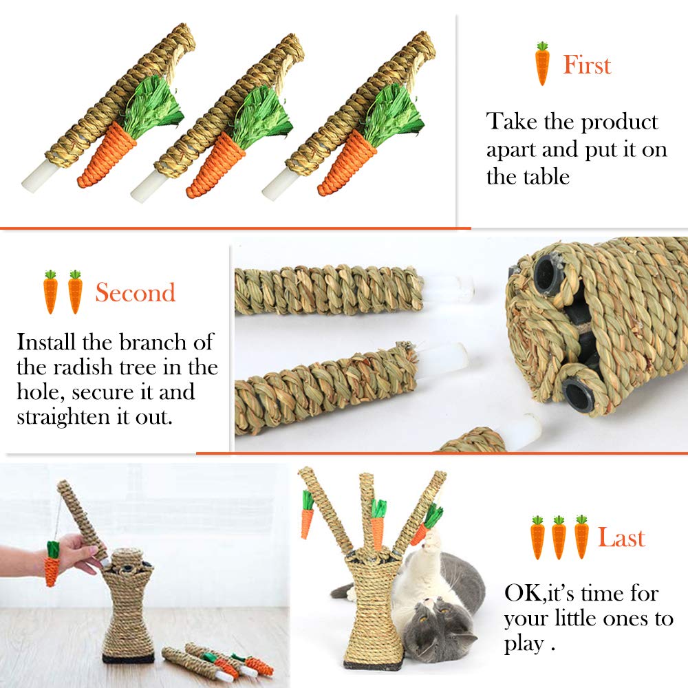Bunny Chew Toys, Kaninchen Kratzen Klettern Spaß Baum mit Karottenform Spielzeug, Handgewebtes Seegras Kauspielzeug für Kaninchen Katzen Hamster Rennmäuse Zähne Schleifen