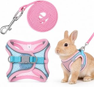 Bunny Harness and Leash Set (Pink Blue, S) | Breathable Soft Rabbit Leashes Reflective Strips Jacket Escape-Proof Walking Gear for Rabbits Small Kitten Puppy Guinea Pigs