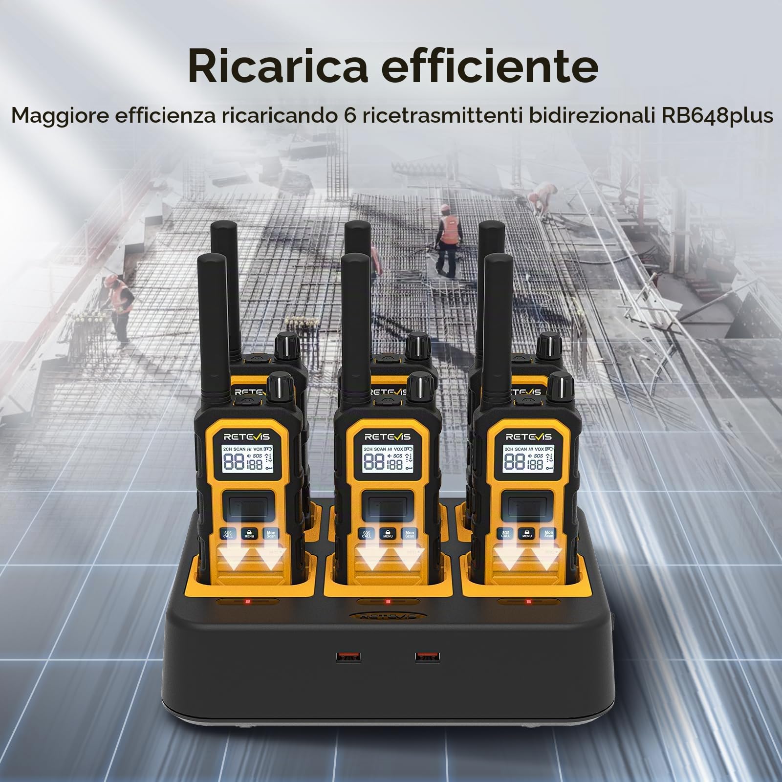 Retevis RB648Plus Walkie-Talkie, IP67 Impermeabile Radio Bidirezionale | VOX, Chiamata di Gruppo, 2000mAh, Walkie Talkie a Lunga Distanza con Caricatore a 6 Vie per Cantiere(6 Pz, Giallo)