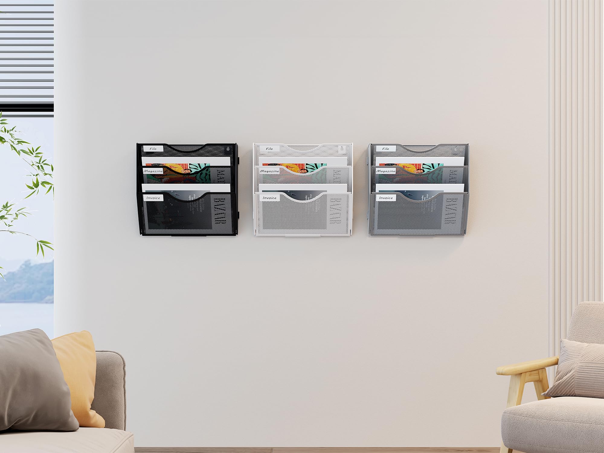 EasyPAG 3 Compartiments Assembler Métal Porte Revue Mural Porte Document Suspendu A4 Organisateur de Bureau à Suspendre Banette de Rangement Range Papier Corbeille a Courrier Murale,Blanc
