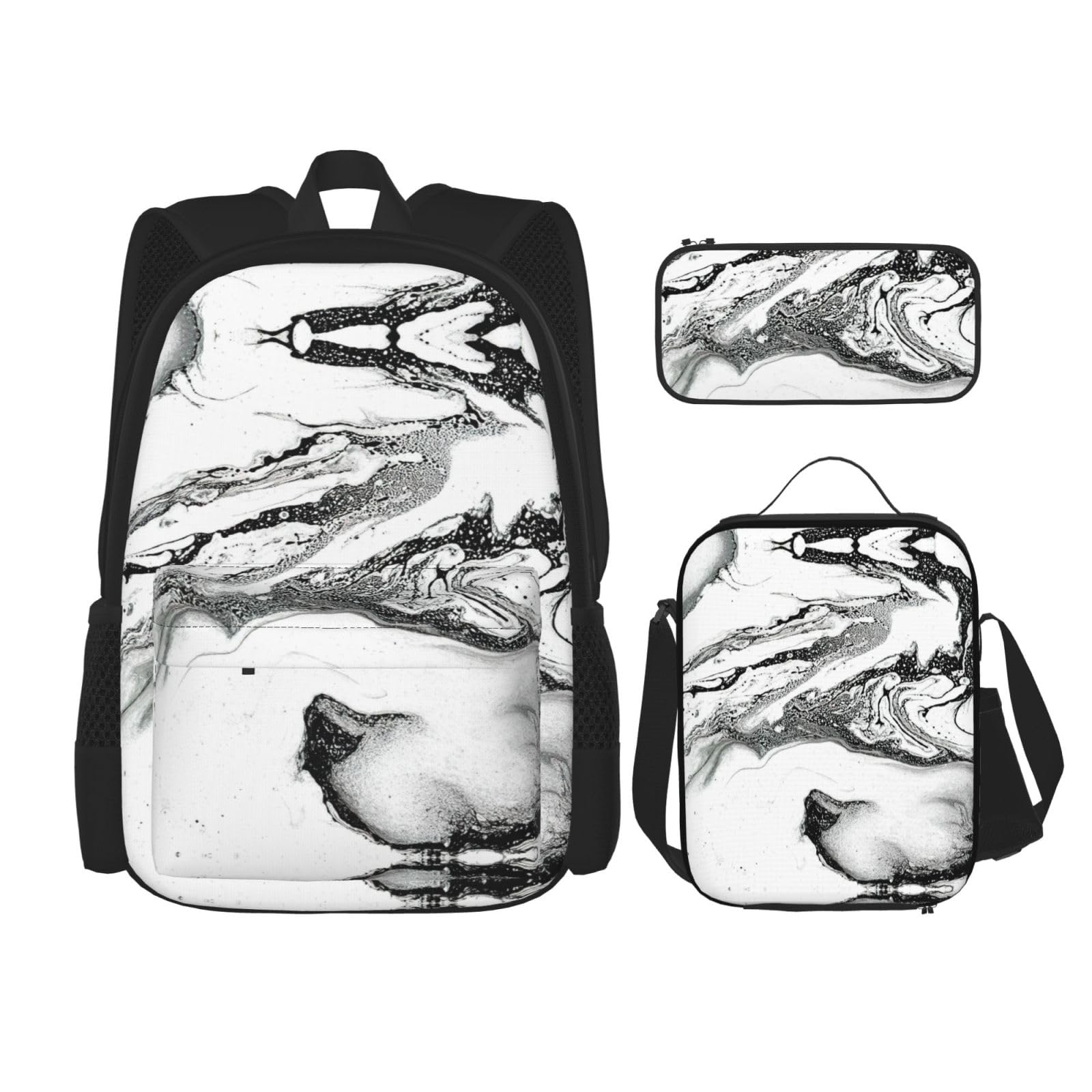 Juego de 3 mochilas escolares con estampado de mármol blanco y negro, mochila para laptop de gran capacidad resistente al agua con bolsa de almuerzo aislada y estuche para lápices para