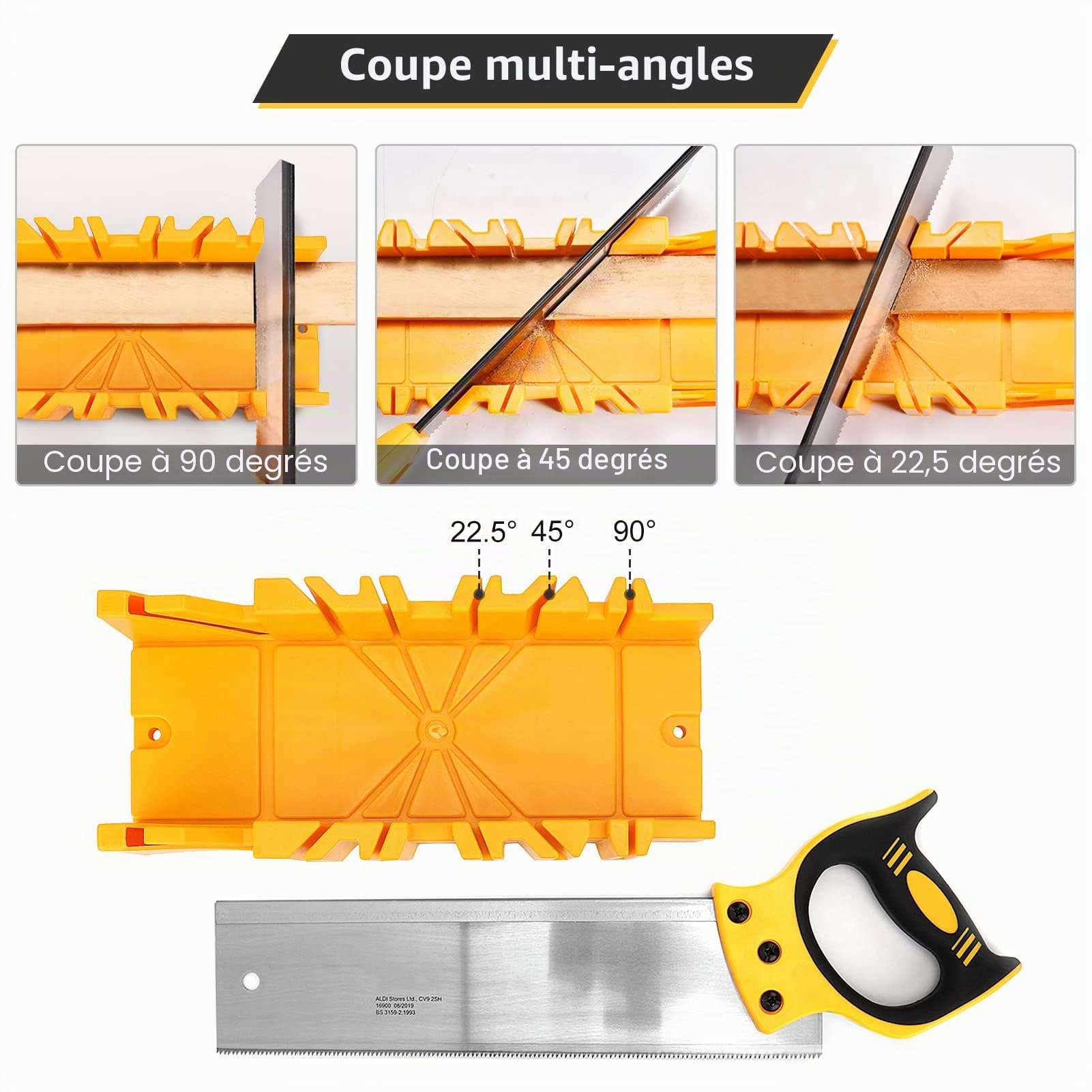 Boîte à onglets avec scie, boîte à onglets avec scie à dos, guide à onglet en plastique avec compartiment de scie, boîte à scie à onglet pour travail du bois, angle de 22,5°, 45°, 90° réglable
