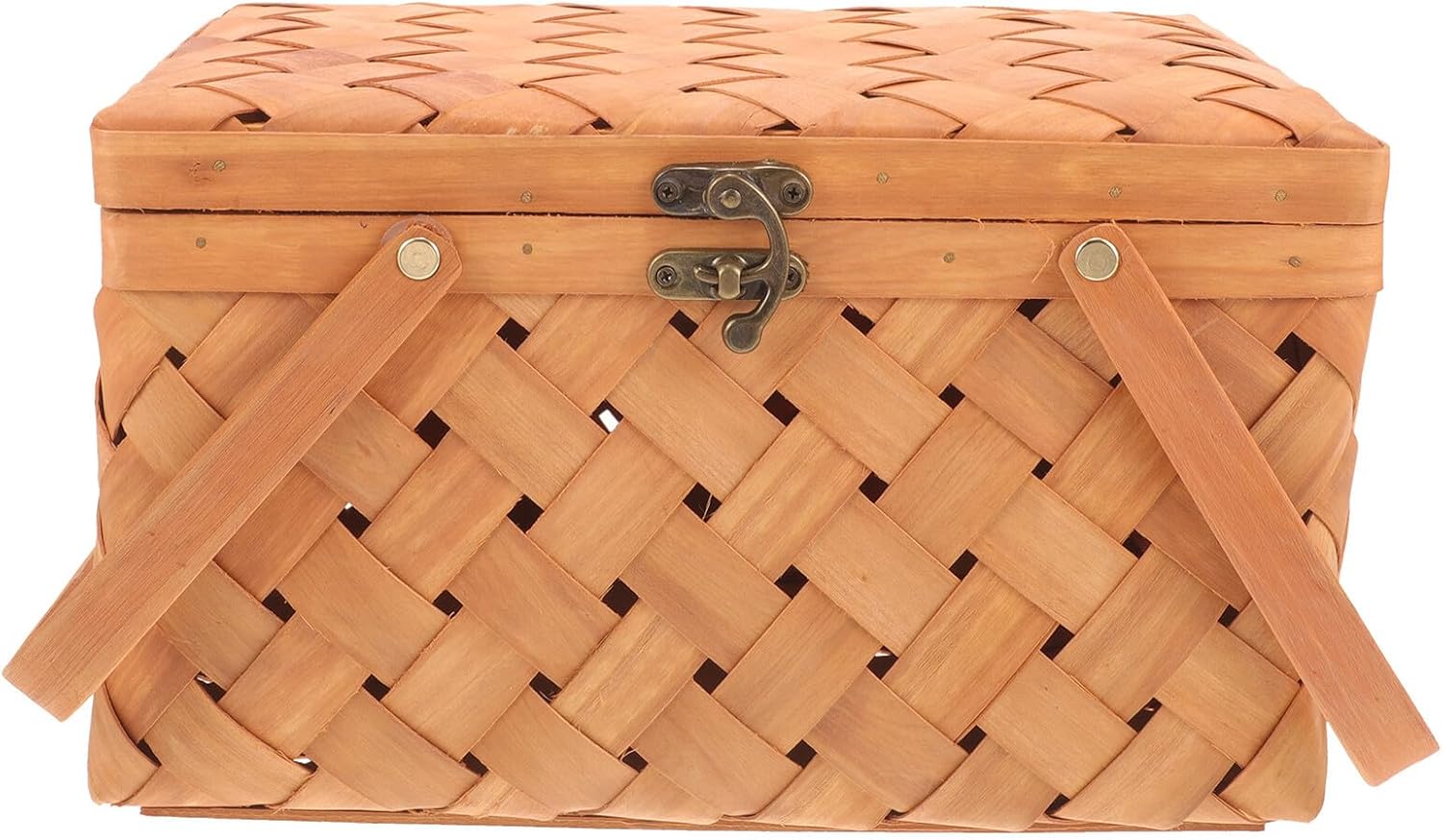 Woven Wood Picnic Basket with Lid, Handwoven Fruit and Vegetable Storage Container, 32x22x18cm Brown Basket for Outdoor Picnic and Home Organization