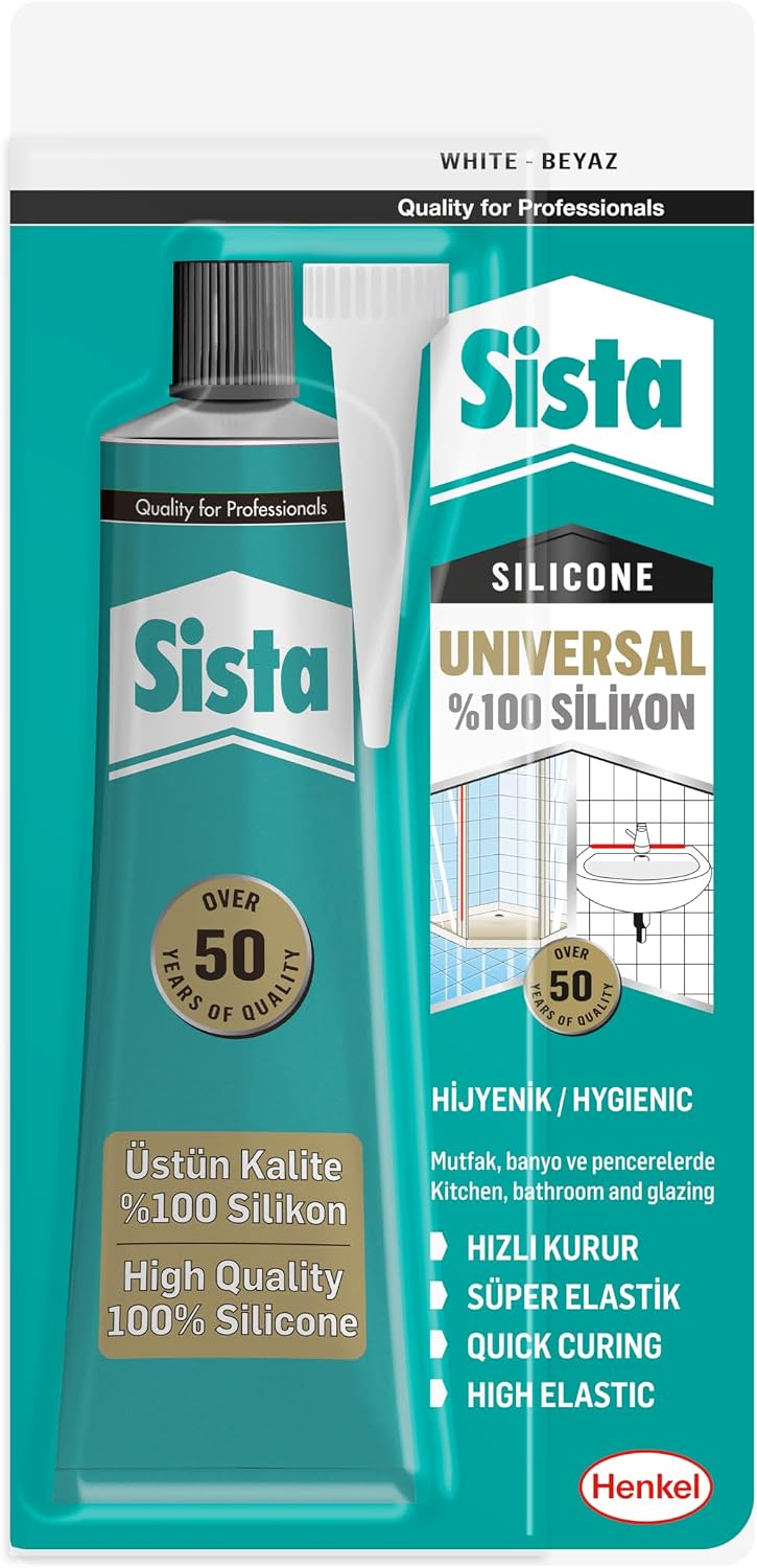 Sista Universal Silikon, Üstün kalite %100 Beyaz Silikon, Mutfak, Banyo ve Pencereler İçin Hızlı Kuruyan Dolgu Macunu, Sararma ve Küflenme Yapmaz, 50 gr Tüp