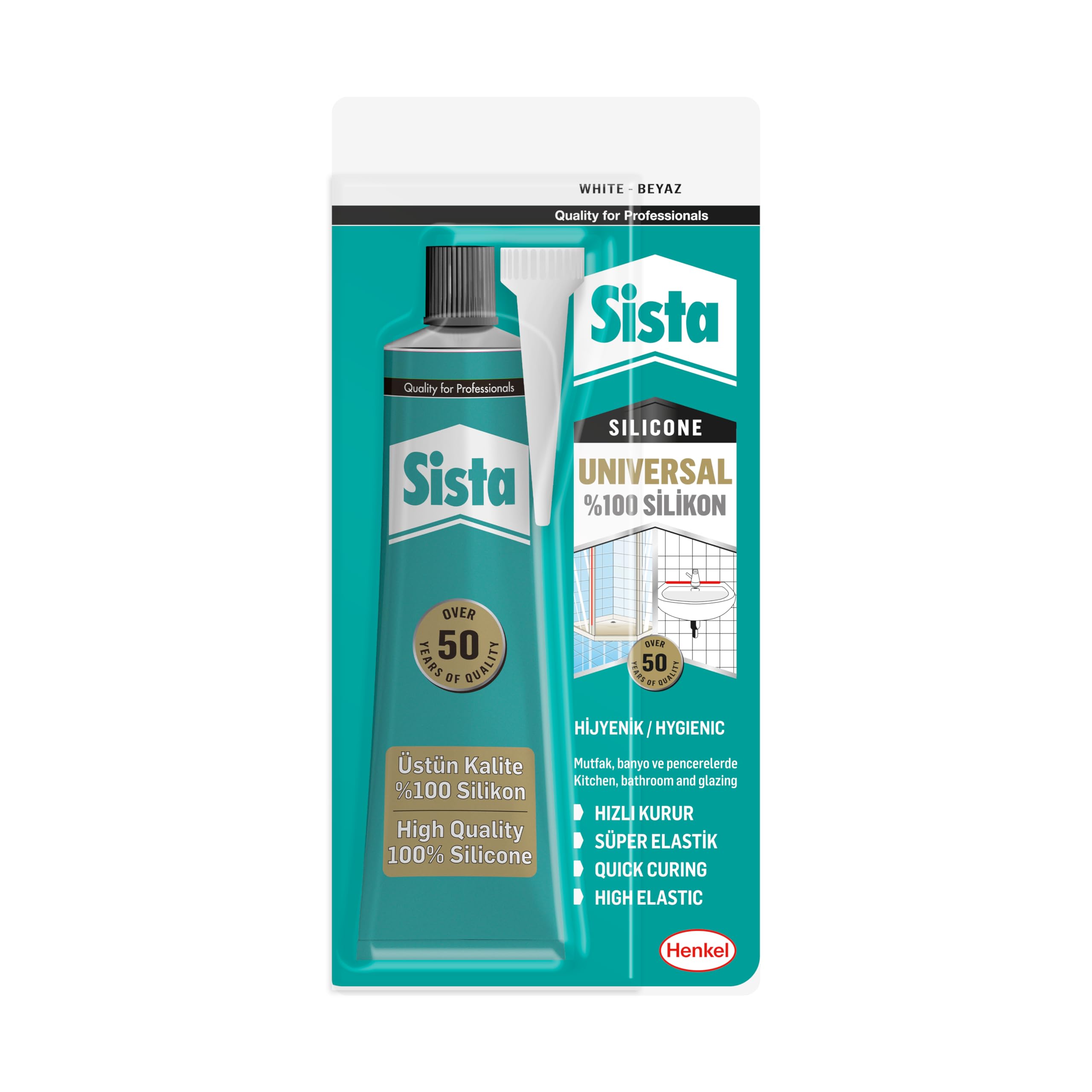 Sista Universal Silikon, Üstün kalite %100 Beyaz Silikon, Mutfak, Banyo ve Pencereler İçin Hızlı Kuruyan Dolgu Macunu, Sararma ve Küflenme Yapmaz, 50 gr Tüp