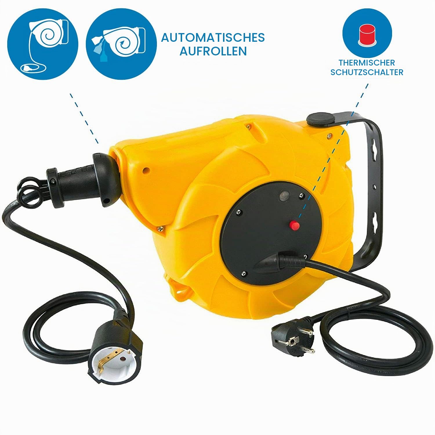 Electraline 100236 Kabeltrommel/Automatischer Kabelaufroller 10 Mt(8+2 MT Kabel, für Wand- und Deckenmontage) Gelb