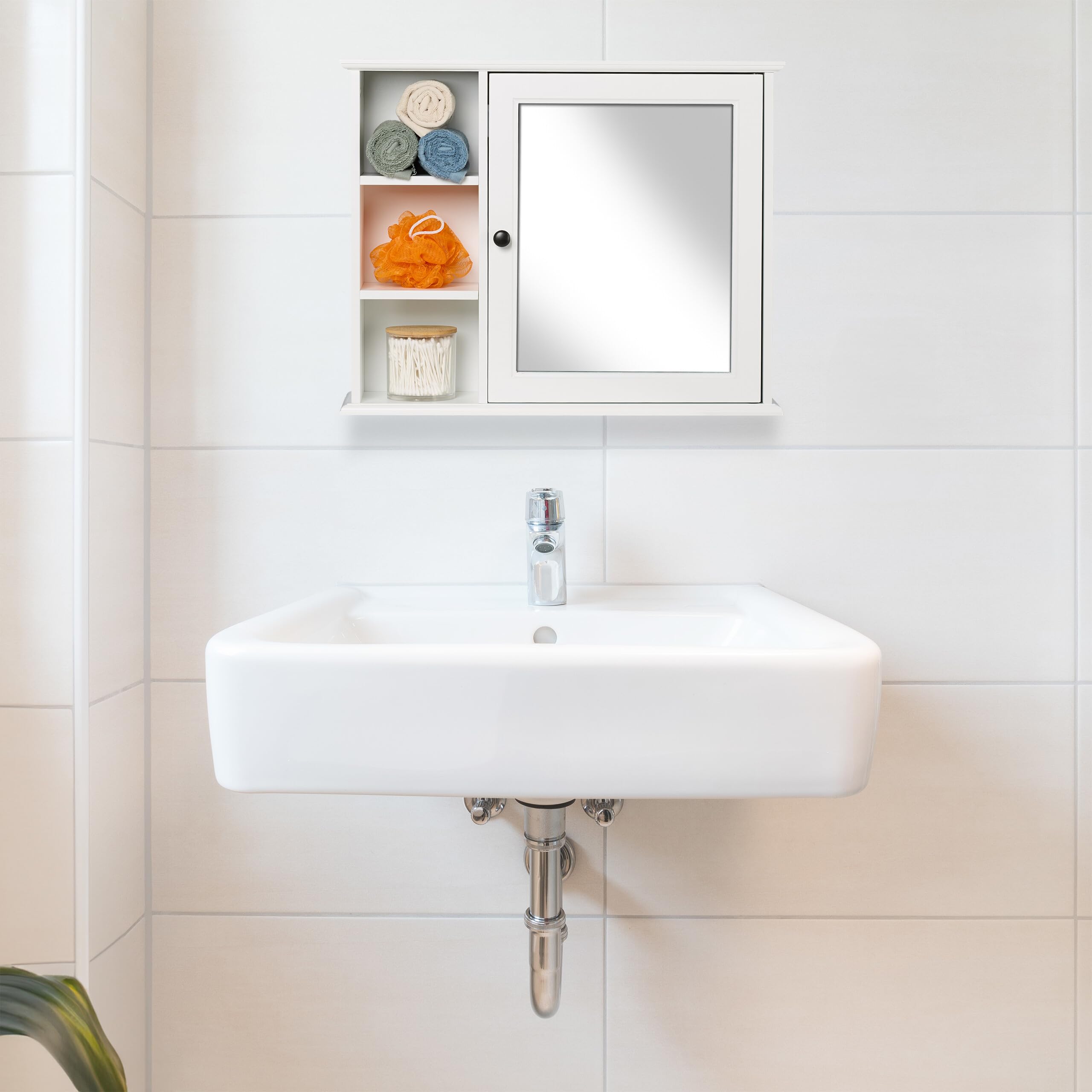 Relaxdays Armoire de Salle de Bain, Miroir, 3 étagères Ouvertes, 2 Compartiments, HxLxP : 48 x 60 x 18 cm, Blanche