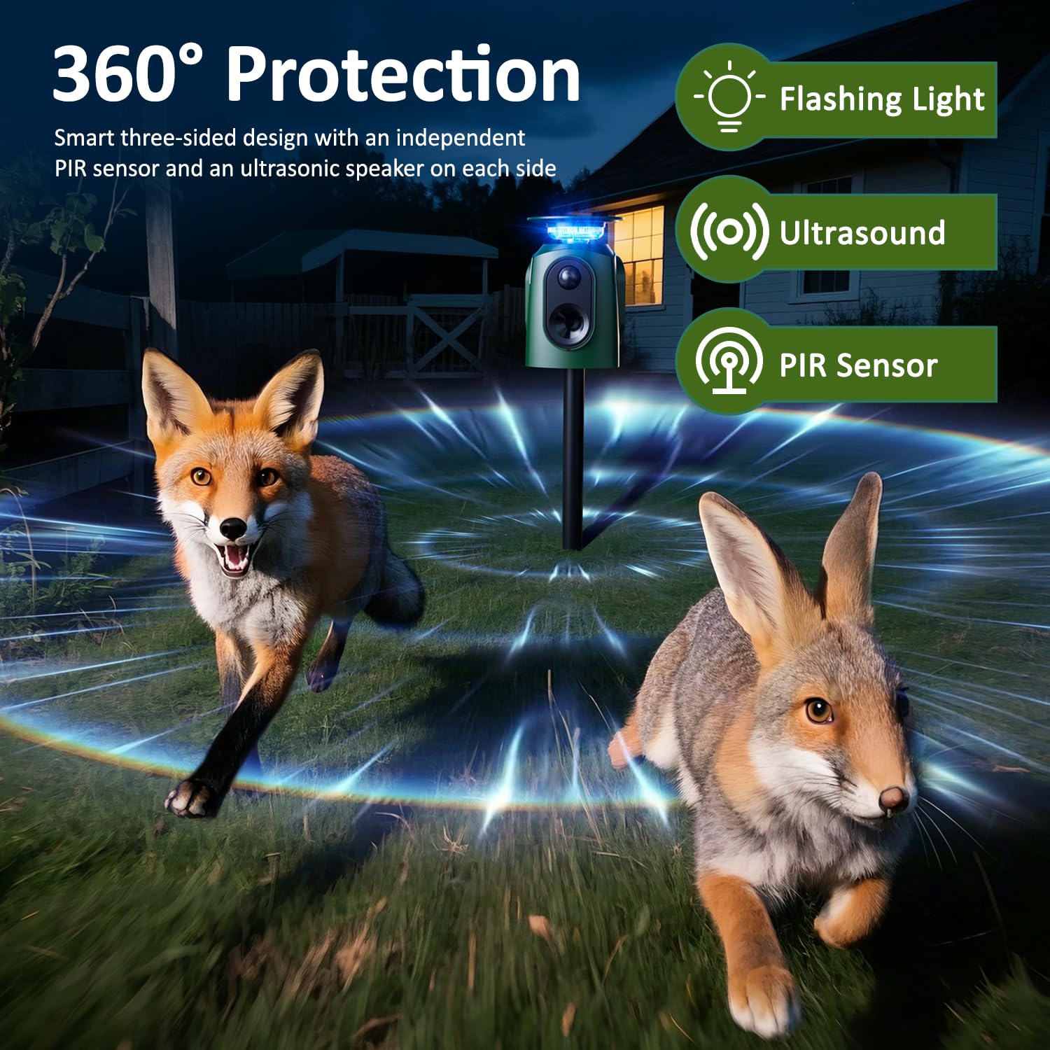 Katzenschreck Ultraschall Solar Tiervertreiber, 360° Marderschreck mit LED-Licht, Katzenabwehr Marderabwehr Garten IP65 Wasserdicht 5 Modus Waschbär Abwehr für Katzen Hunde Marder Mäuse Vögel
