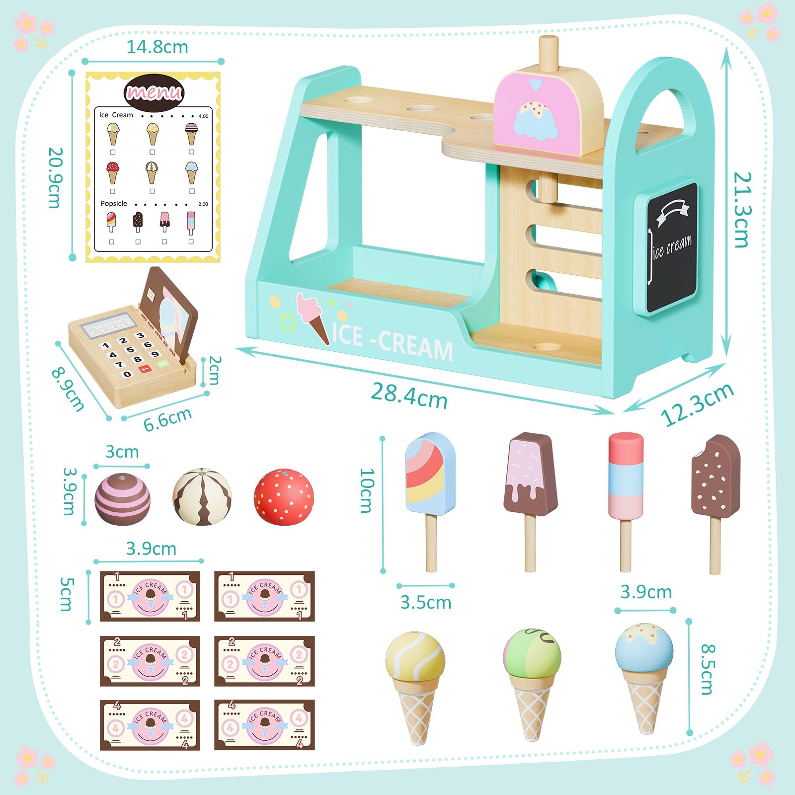 Gelateria Giocattolo per Bambini,Cucina Giocattolo per Bambini Giochi Montessori 2 3 Anno,Carretto Gelati Giocattolo con Cibo Menù e Soldi per Giocare Giochi Bimba Bambina Bimbo Bambinia 3 4 5 Anni