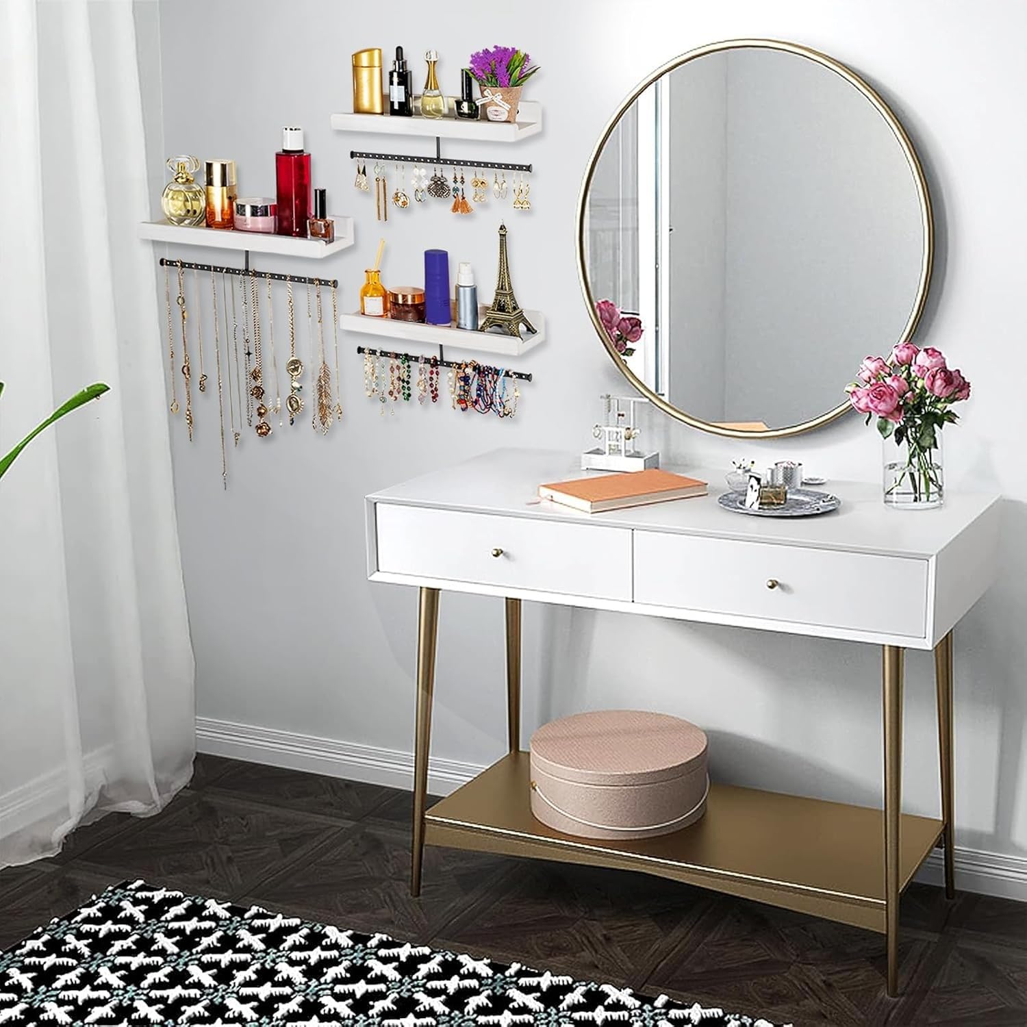Porte Bijoux Murale, Rangement Bijoux et Etagere Murale Bois 2 en 1, Presentoir Bijoux Mural de Rangementen Maximal 20Kg, Arbre a Bijoux pour Collier, Anneau, des Boucles d'oreilles Montre