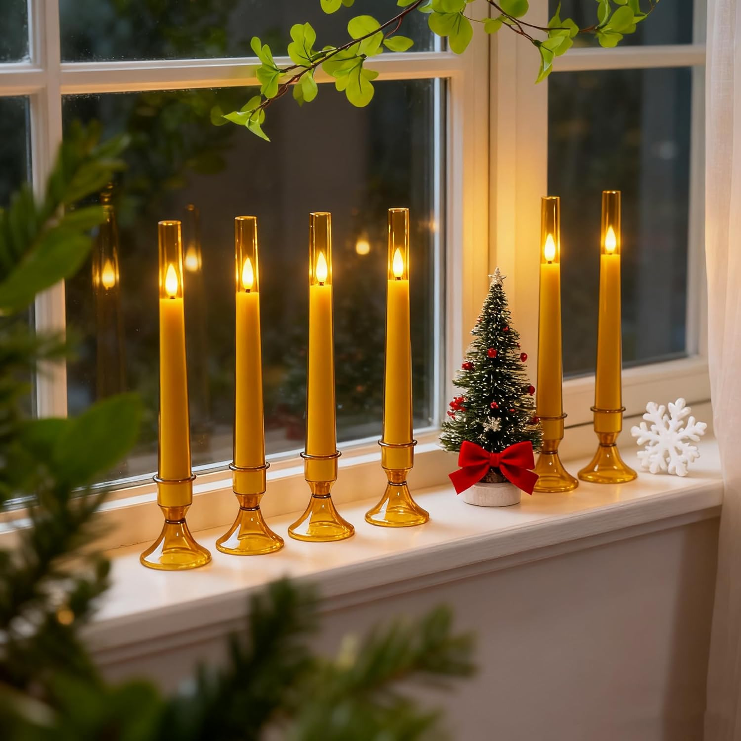 MUMCHASI Flameless Window Candles, Battery Operated Candlesticks with Remote, Flameless Taper Candles, Fall Flickering LED Candlesticks, Acrylic Design for Party Wedding Halloween H9.5”