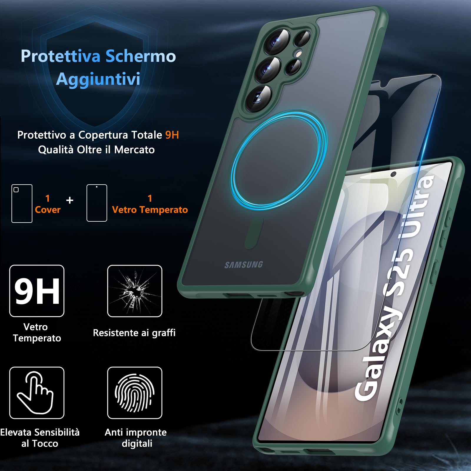Hensinple Magnetica Cover per Samsung Galaxy S25 Ultra con Vetro Temperato, Compatibile con MagSafe, Custodia Samsung S25 Ultra Antiurto Traslucida Opaca Posteriore Sottile Resistente ai Graffi, Verde