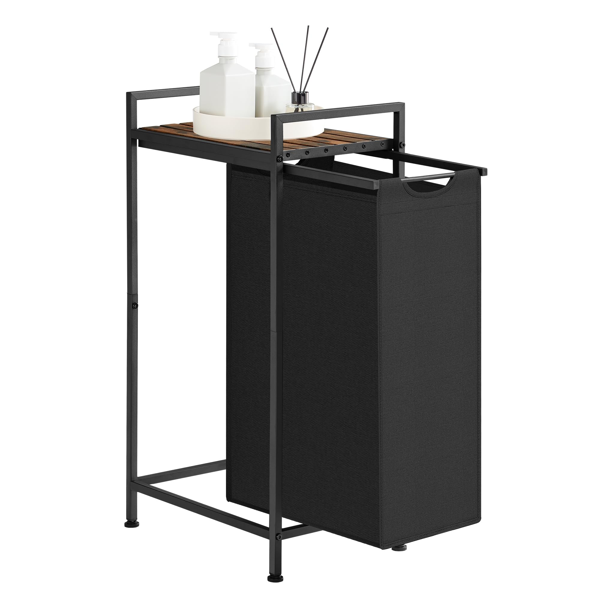VASAGLE Laundry Basket, Laundry Hamper, Pull-Out and Removable Liner Bag, Shelf, Metal Frame, 47 L, 42 x 28 x 75 cm, Ink Black and Rustic Brown BLH001B01