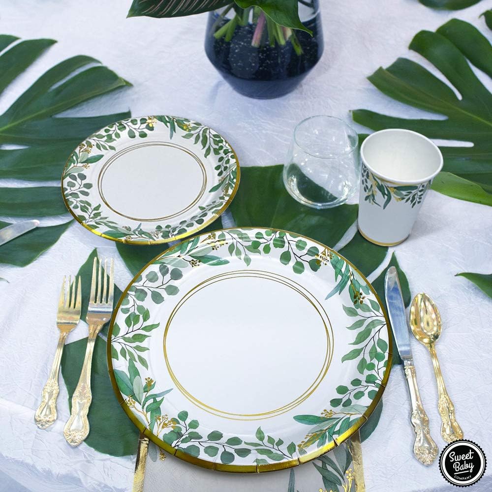 Sweet Baby Co. Sage Greenery Plates for 24 Jungle Theme Boho Party Supplies Bridal Baby Shower Napkins Boy Girl Paper Plate Napkin and Cups Safari Birthday Wedding Decorations Floral Gold Leaf Decor : Toys & Games