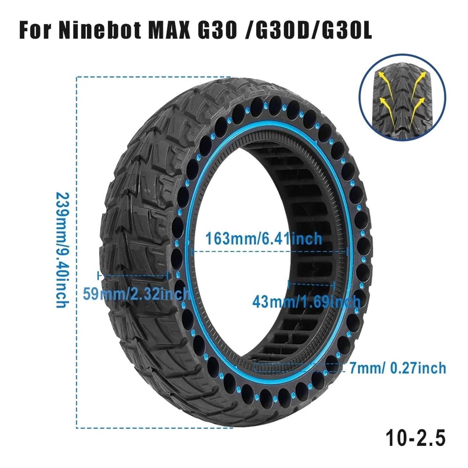 Pełna opona do hulajnogi elektrycznej, pasująca Ninebot, MAX G30 G30D G30L, pełna Honeycomb 60/70-6,5 10 cali, 10x2,50 solidna opona do hulajnogi na kółkach(Yellow)