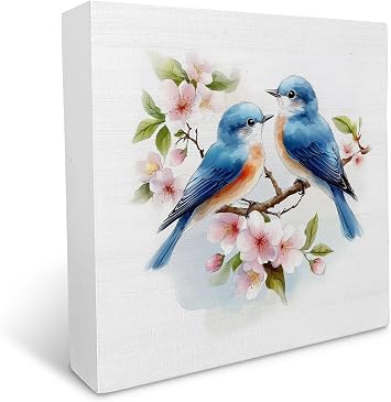 Ku-Dayi Blue Bird Floral Wooden Box Sign, Gifts for Bird Lovers Women Wood Box Decorations for Kids Room Home Office, Cute Birds with Flowers on Branch Wooden Block Plaque Desk Shelf Decor 5x5 Inch