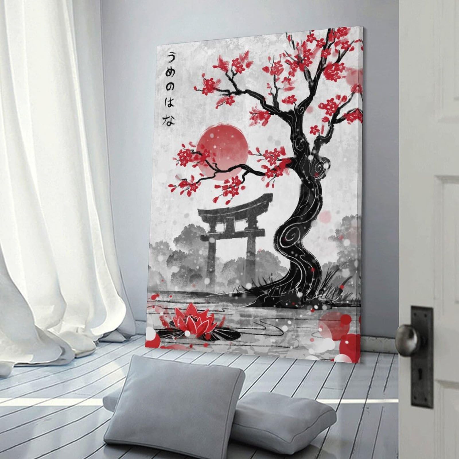 Junmoney Japanese Garden with Red Blossoms And Torii Home Decor Wall Art 20x30inch(50x75cm), for Art Walls, Layered Displays Or Homes, A Versatile Canvas Print for Layering