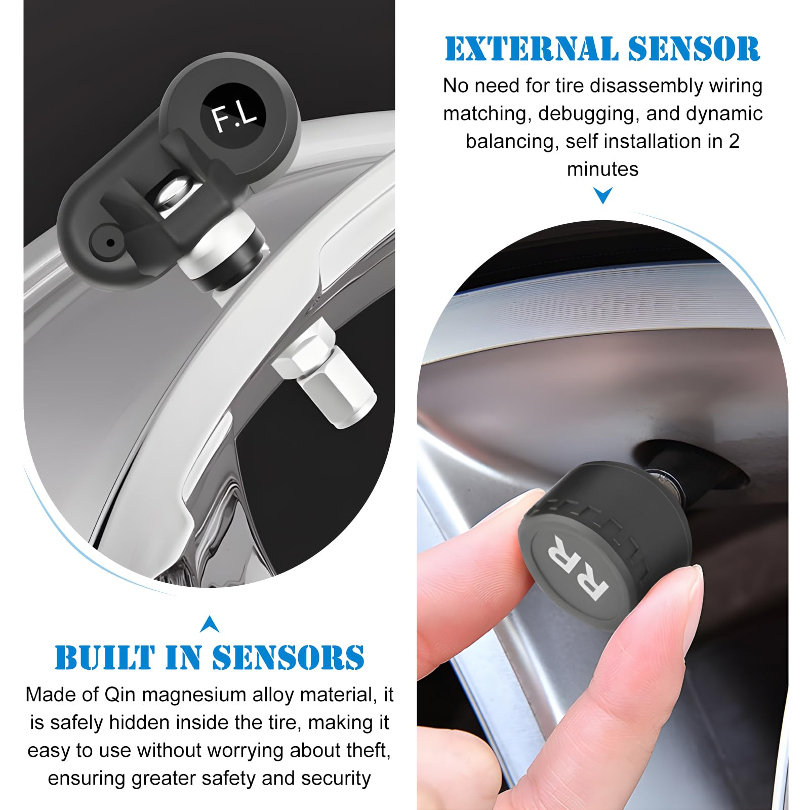 TPMS, sistema di controllo della pressione degli pneumatici, sistema di controllo digitale della pressione degli pneumatici, TPMS con 4 sensori esterni, IPX7, impermeabile, mini monitoraggio della