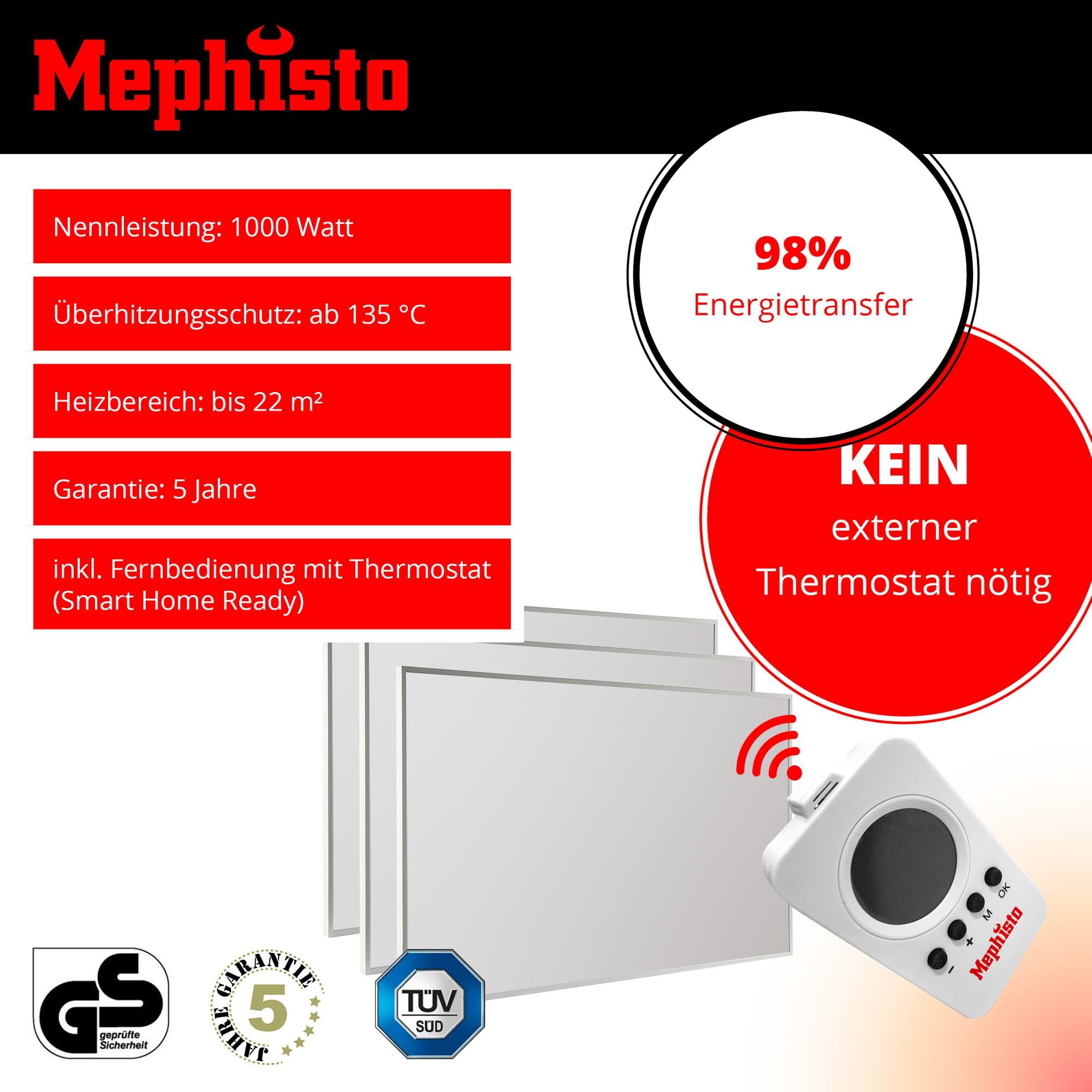 Mephisto Calefacción Infrarroja Wand-Decken-Standheizung Ahorro de Energía Eléctrica Incl. Mando a Distancia Y Termostato Wifi App 300-1200W, Rendimiento En Vatios: 1000W, Accesorio: Deckenmontage-Set