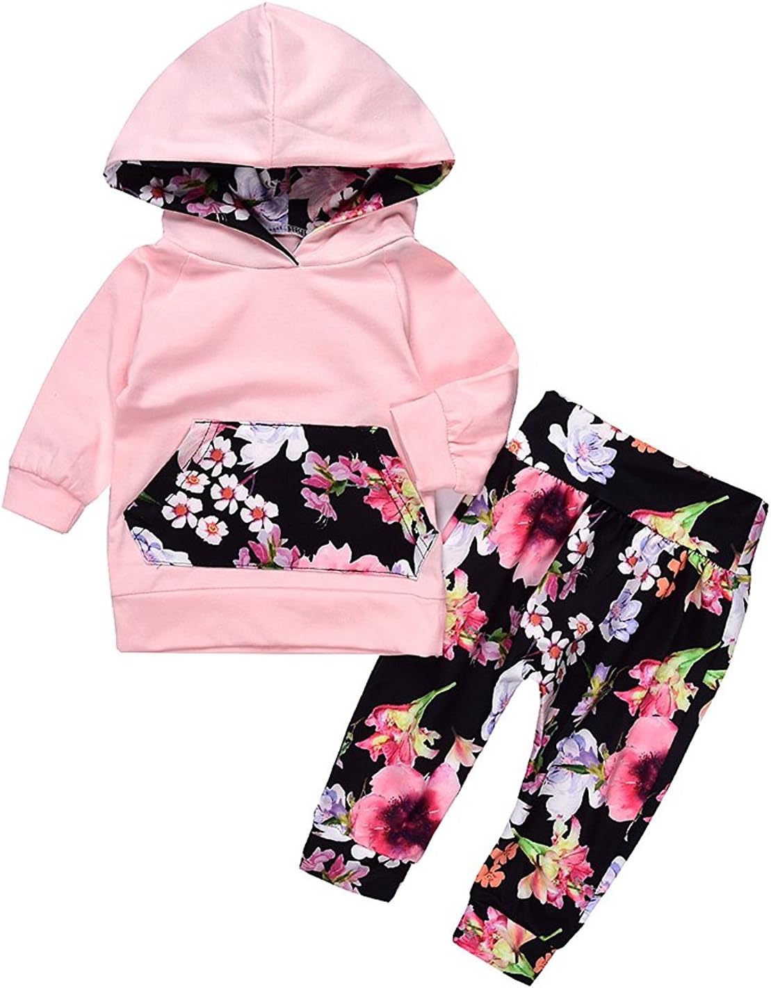 Baby Girl 2pcs Floral Warm Outfit Suit Pullover Hoodie with pocket+Floral Long pants (6-12M, Pink)