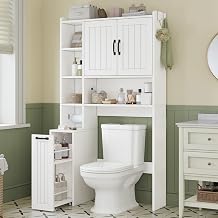 UPOSOJA Over The Toilet Storage Cabinet with Pulley Small Bathroom Storage Cabinet, Space Saver W/Adjustable Shelf & Open Shelf for Bathroom, Restroom, Laundry White-Type A
