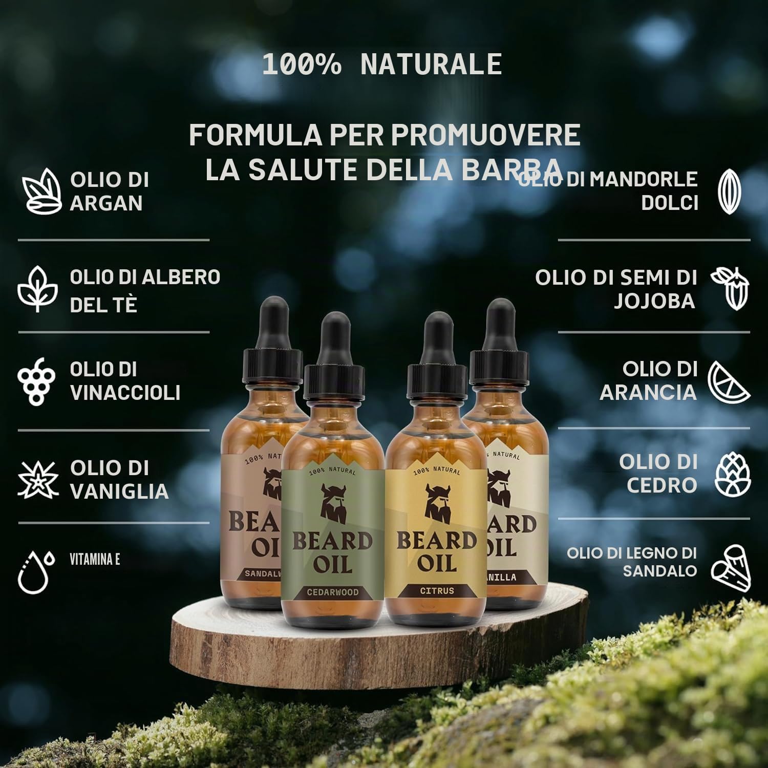 Striking Viking Olio da barba da uomo, 7 ml, confezione da 4 – infusione emolliente stile barbiere – incoraggia la crescita della barba – con legno di sandalo, vaniglia, legno di cedro, olio di agrumi