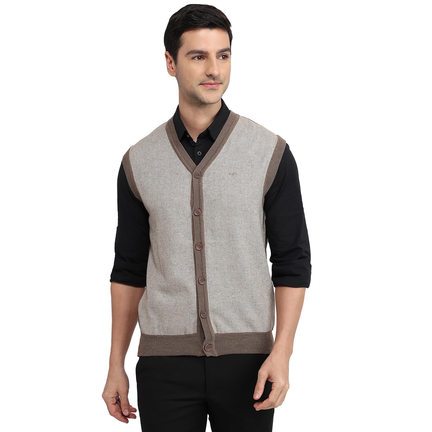 Men Regular Fit Tweed Pattern Poly Wool Blend Sleeveless V Neck Casual Sweater Beige