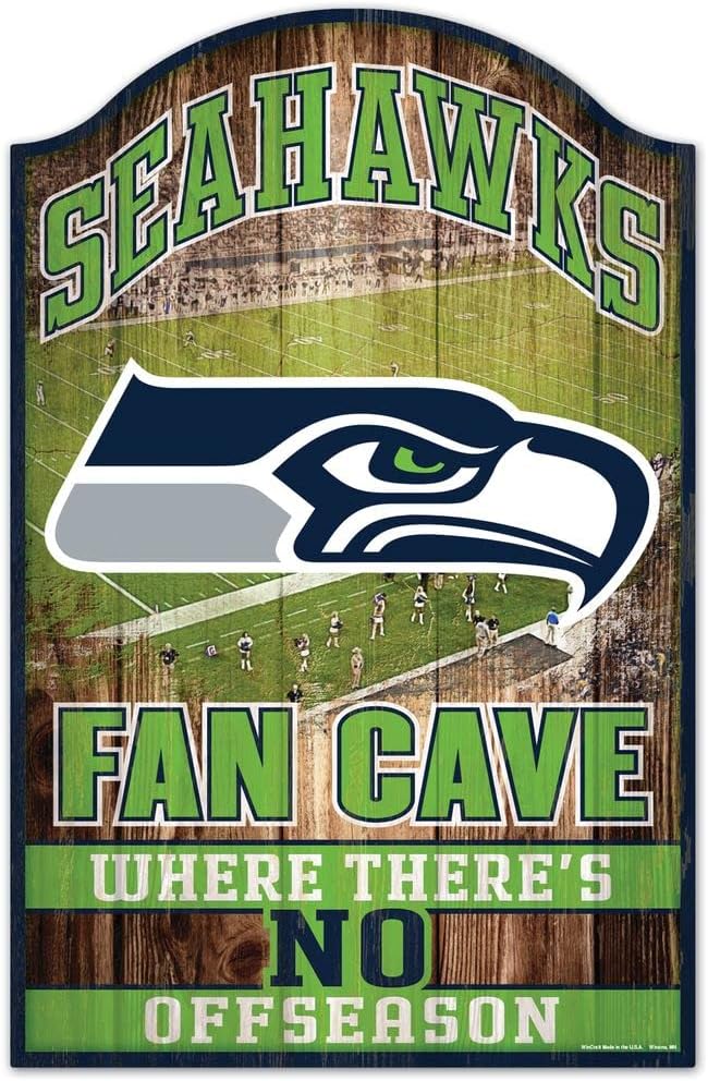 Seattle Seahawks Wood Sign - 11 inchesx17 inches Fan Cave Design, Black, 11" x 17"