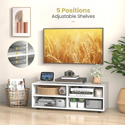 Miniatura 6 de Tangkula Soporte de TV blanco para TV de hasta 40 pulgadas, mesa consola multimedia con 4 cubículos, estantes ajustables en 5 posiciones, centro de