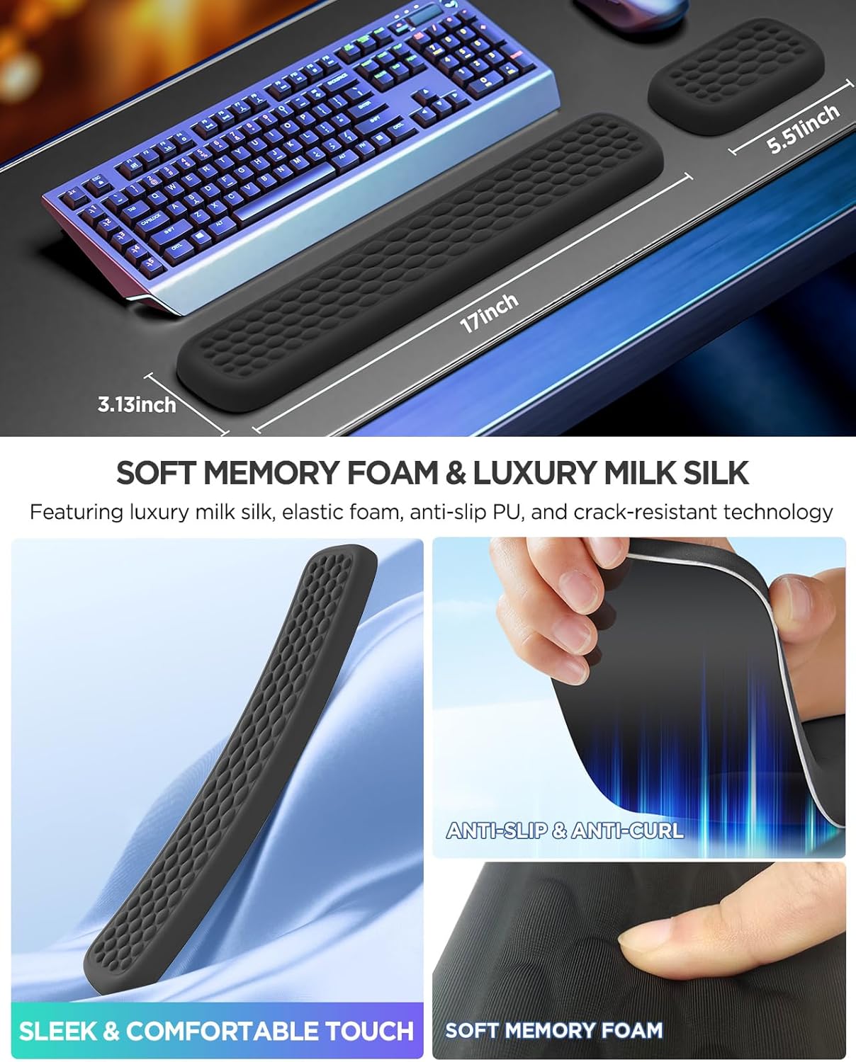 Lekvey Ergonomic Massage Point Keyboard and Mouse Wrist Rest Combo - Black and Green Purple