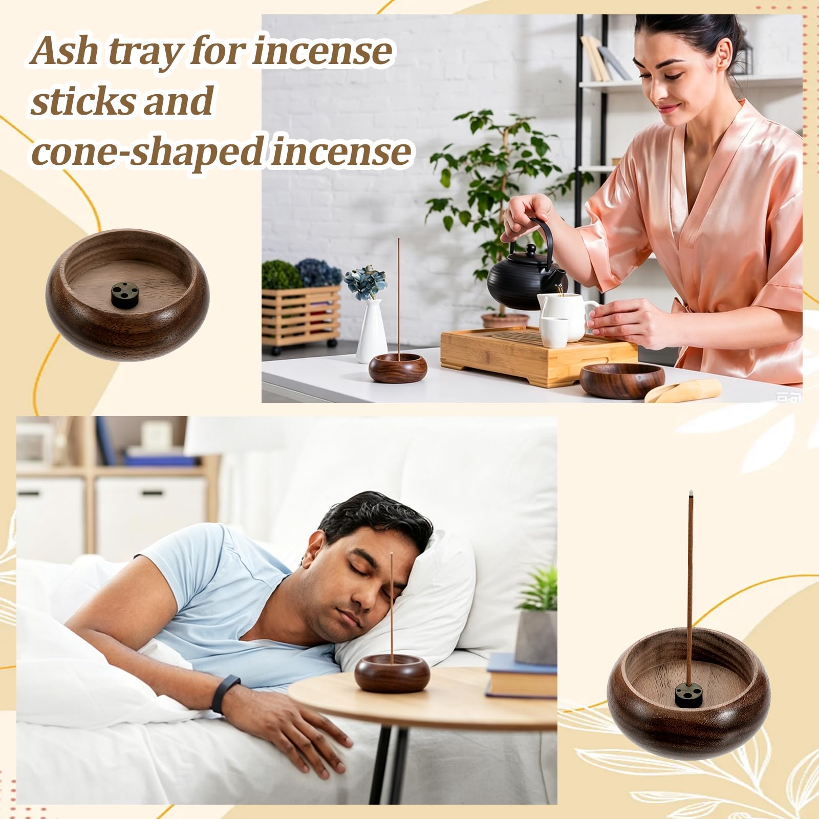 12 Porta Incenso per Bastone Porta Incenso Rotondo in Legno di Noce Bruciatore di Incenso con Ciotola Recuperatore di Ceneri per la Decorazione Interna Meditazione Yoga e Spa. Marrone cocco