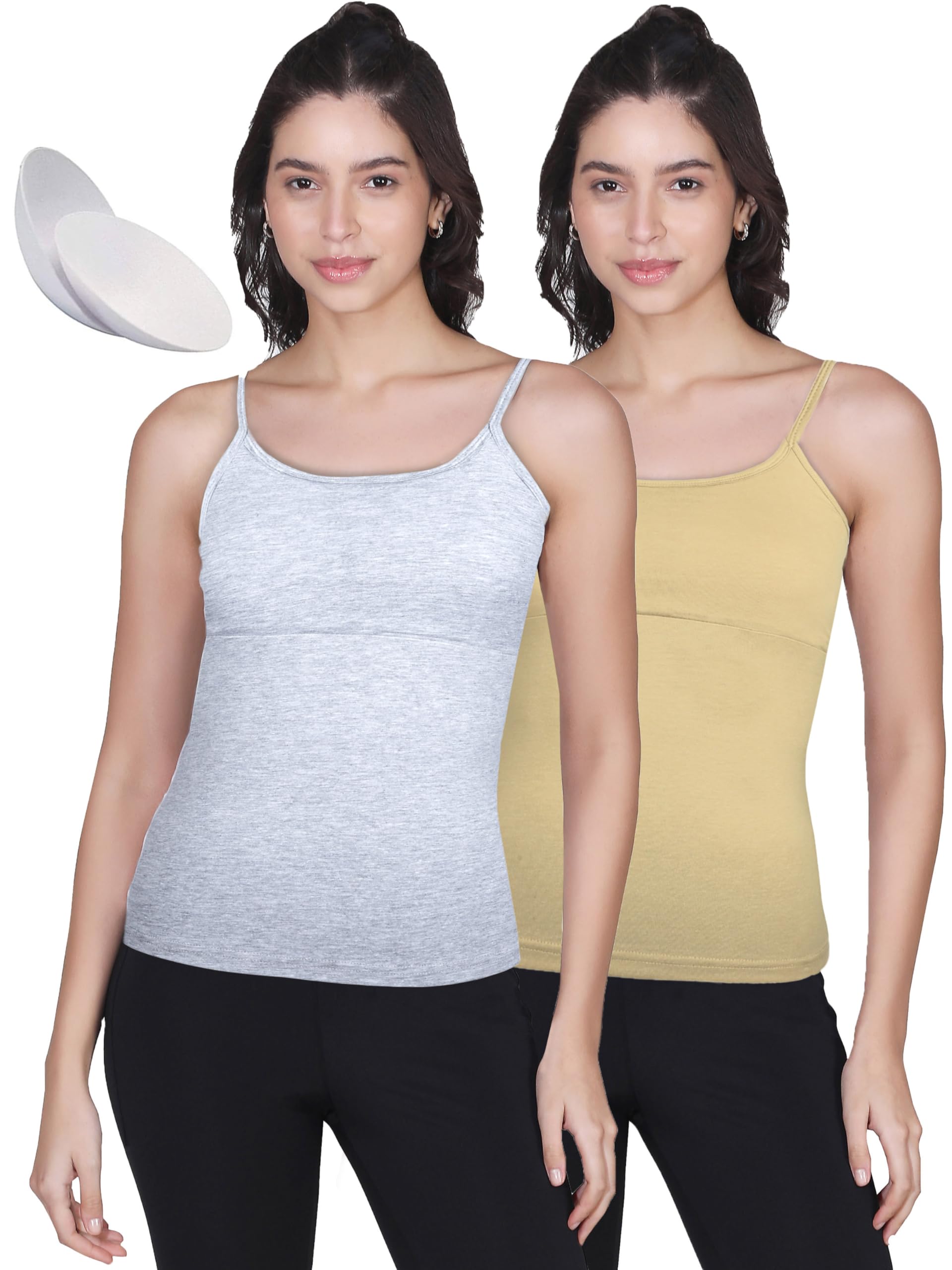 Solid & Printed Padded Camisole Bra for Young Women, Sleeveless Undershirts Cami Vest with Adjustable Straps (Pack of 2) Cotton Camisole Tank Top/Innerwear for Women