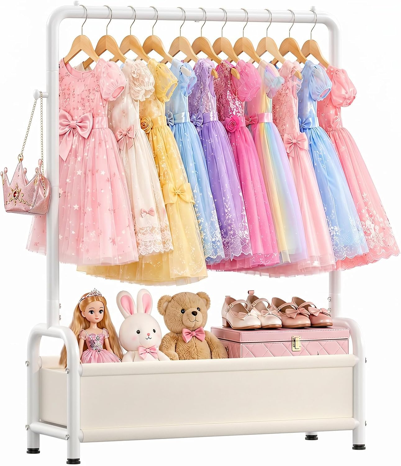 Kids Clothing Rack with Storage Basket: Sturdy U-Shaped Base Dress Up Storage - Baby Clothes Rack Baby Closet Organizer for Costumes, Shoes & Accessories, Bedroom, Playroom, Nursery