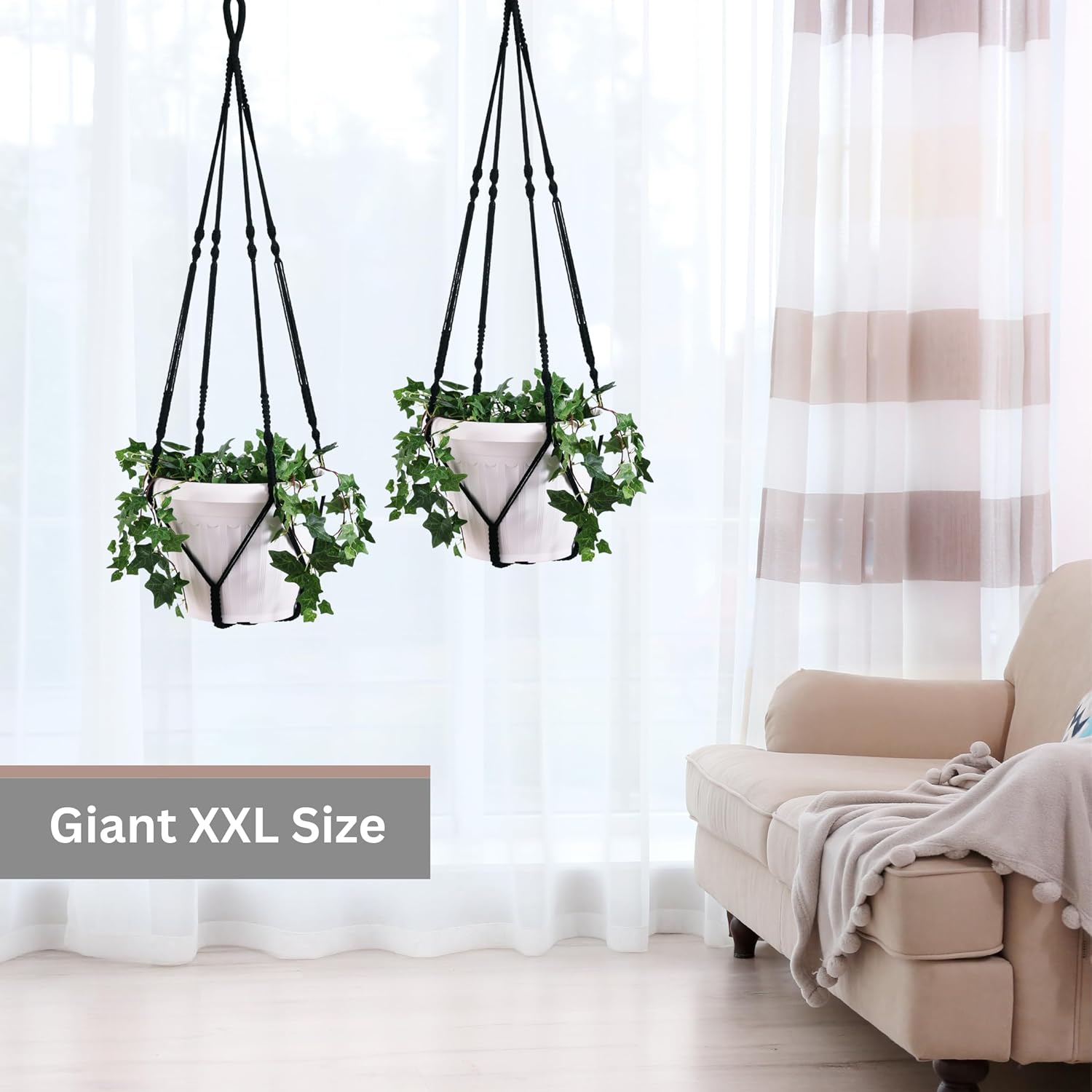 2 Pack Giant XXL 55 Inches Macrame Planter Hanger Large for 15 inch Pot + Swag Hook | Extra Large Hanging Planter for Indoor Plants | No Pot/Plant Included (XXL Black)