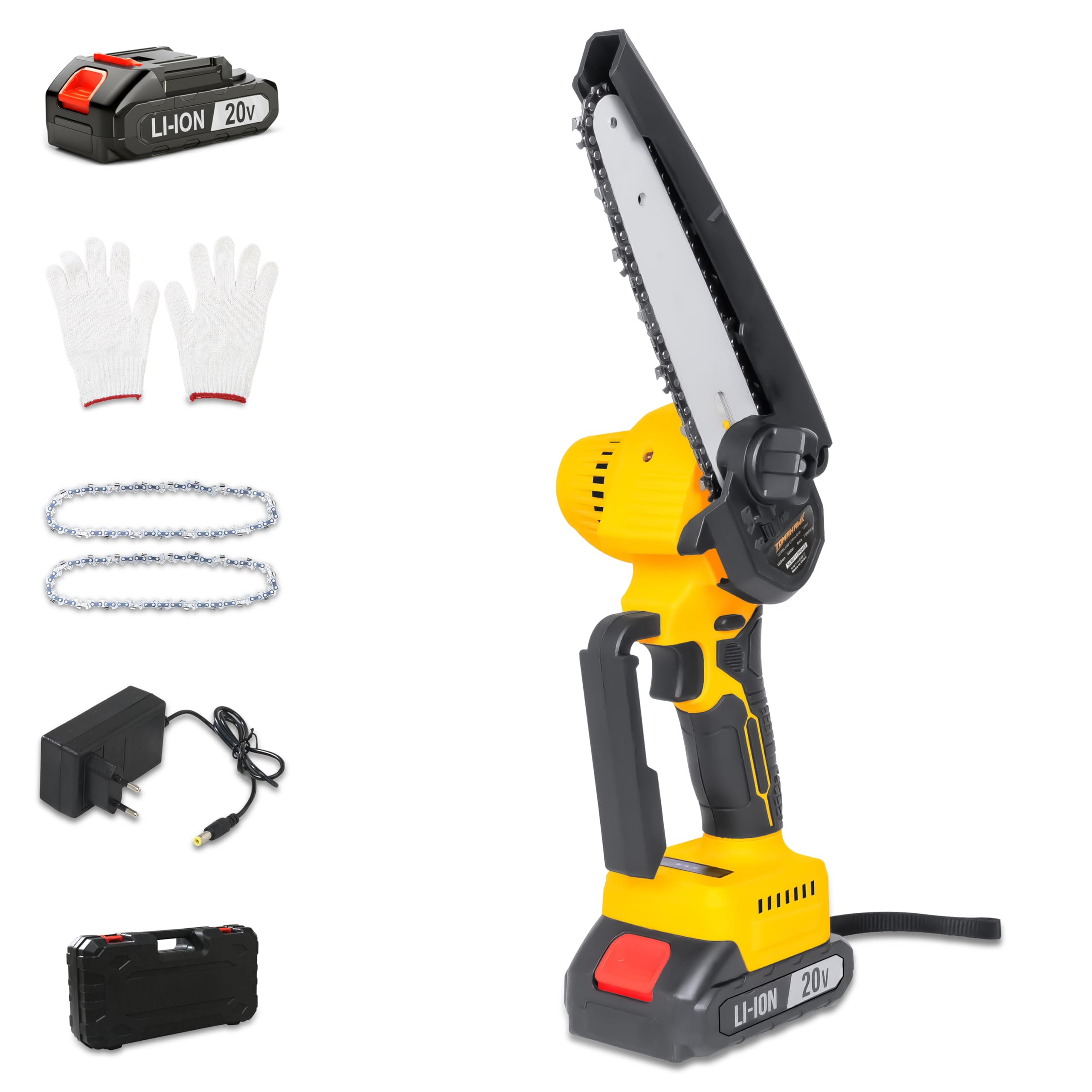 TOMAHAWK® T296-A 20V Cordless Chainsaw 6 Inch | Automatic Oiler & Separate Oil Tank | Toolless Chain Change | LED Light | 2 Batteries & Carry Case, Professional Cutting Tool