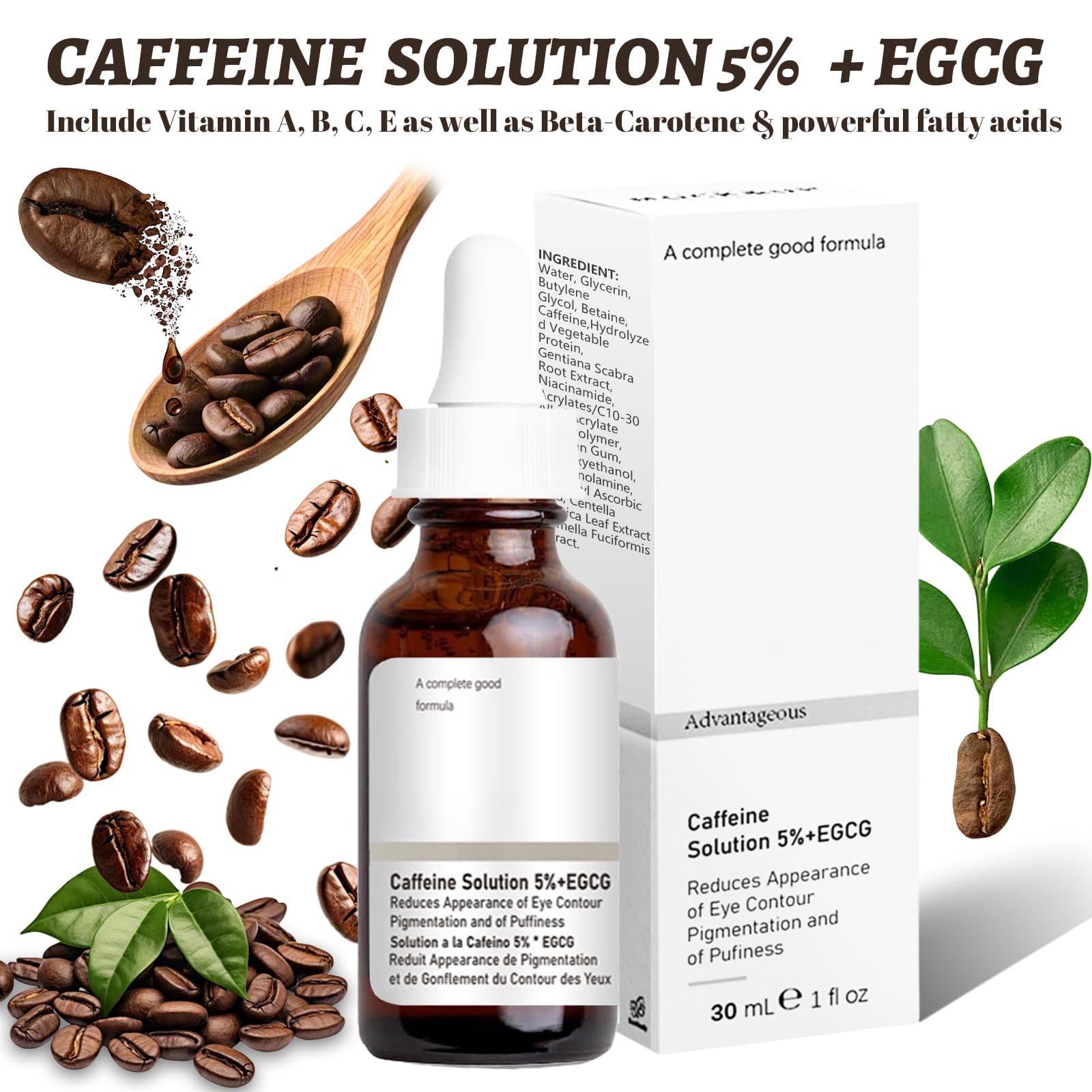 Flintronic 5% roztwór kofeiny + EGCG Serum Korektorowe, 2 szt. Kofeinowe serum do oczu, poprawia cienie i kieszenie pod oczami, wygładza zmarszczki i drobne linie wokół oczu, 30 ml