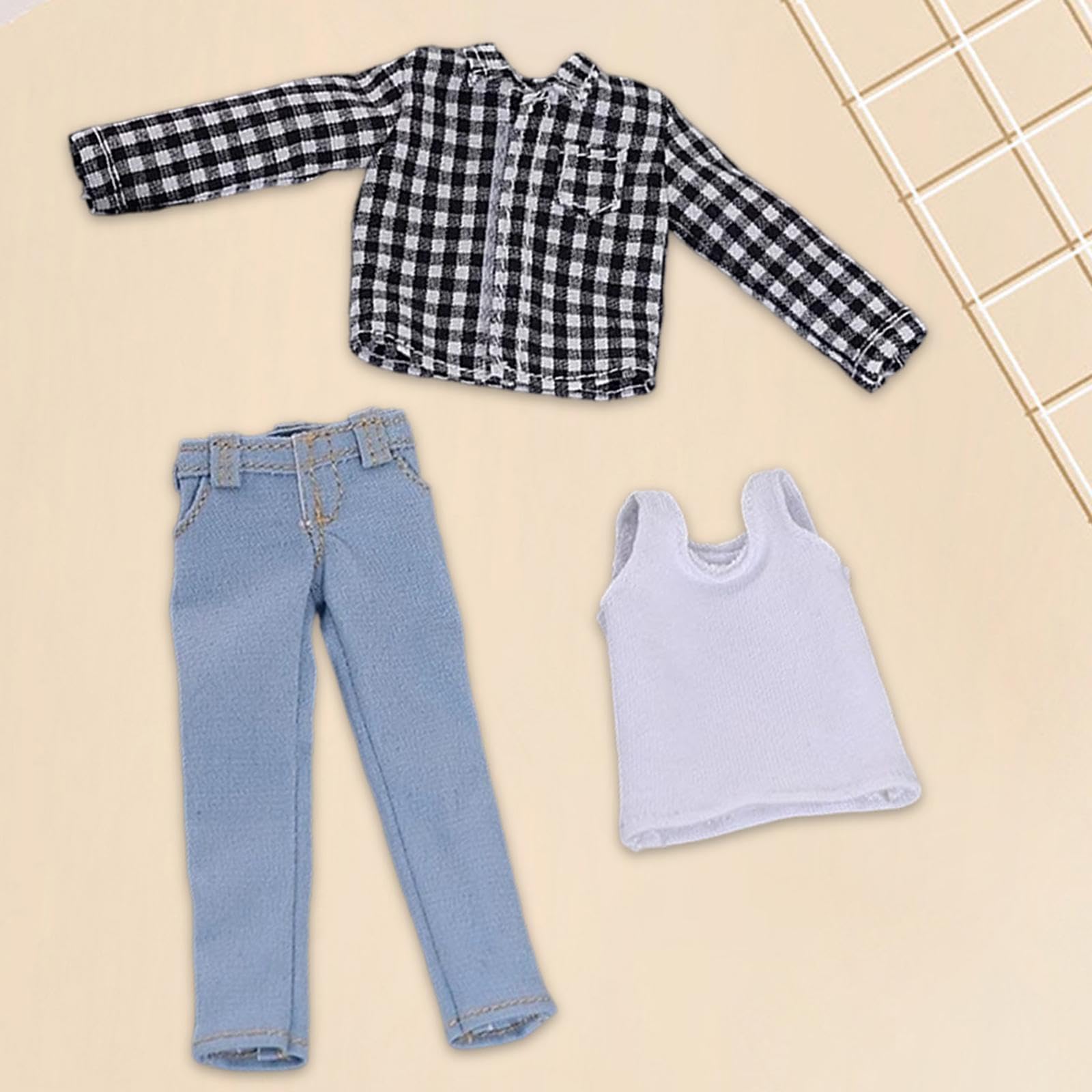 3 Stück Puppenhemd Herrenpuppen Kleidung Weste Jeans Hose Set Aus Stoff für 1/12 BJD Puppen für Dekoration Spiel Figureninszenierung, Schwarzes Weißes Netz