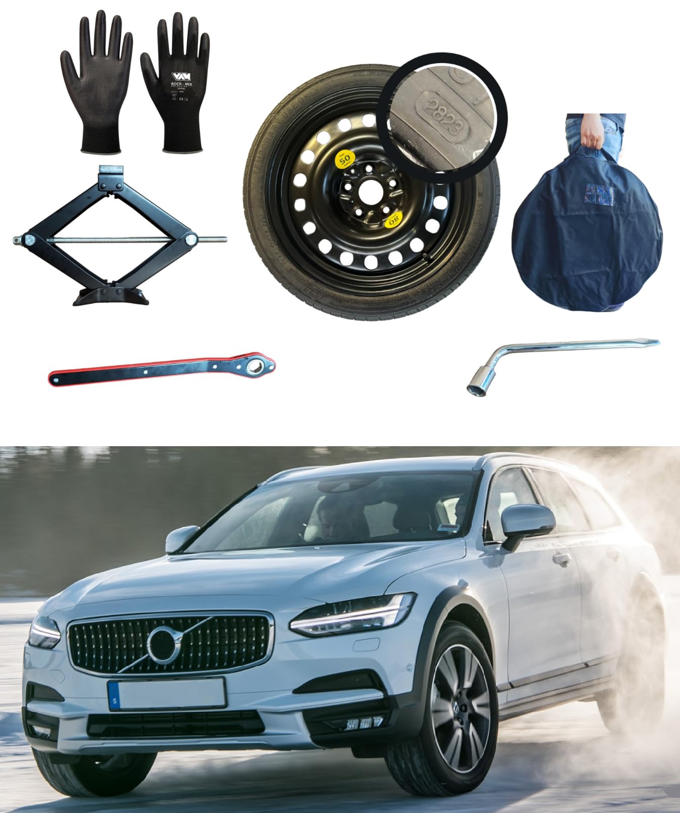 COMPATIBILE CON VOLVO XC40 KIT PER AUTO CRIC A PANTOGRAFO CRICK+CHIAVE A CROCE PER BULLONI+TRIANGOLO DI EMERGENZA+GIUBBINO FLUO
