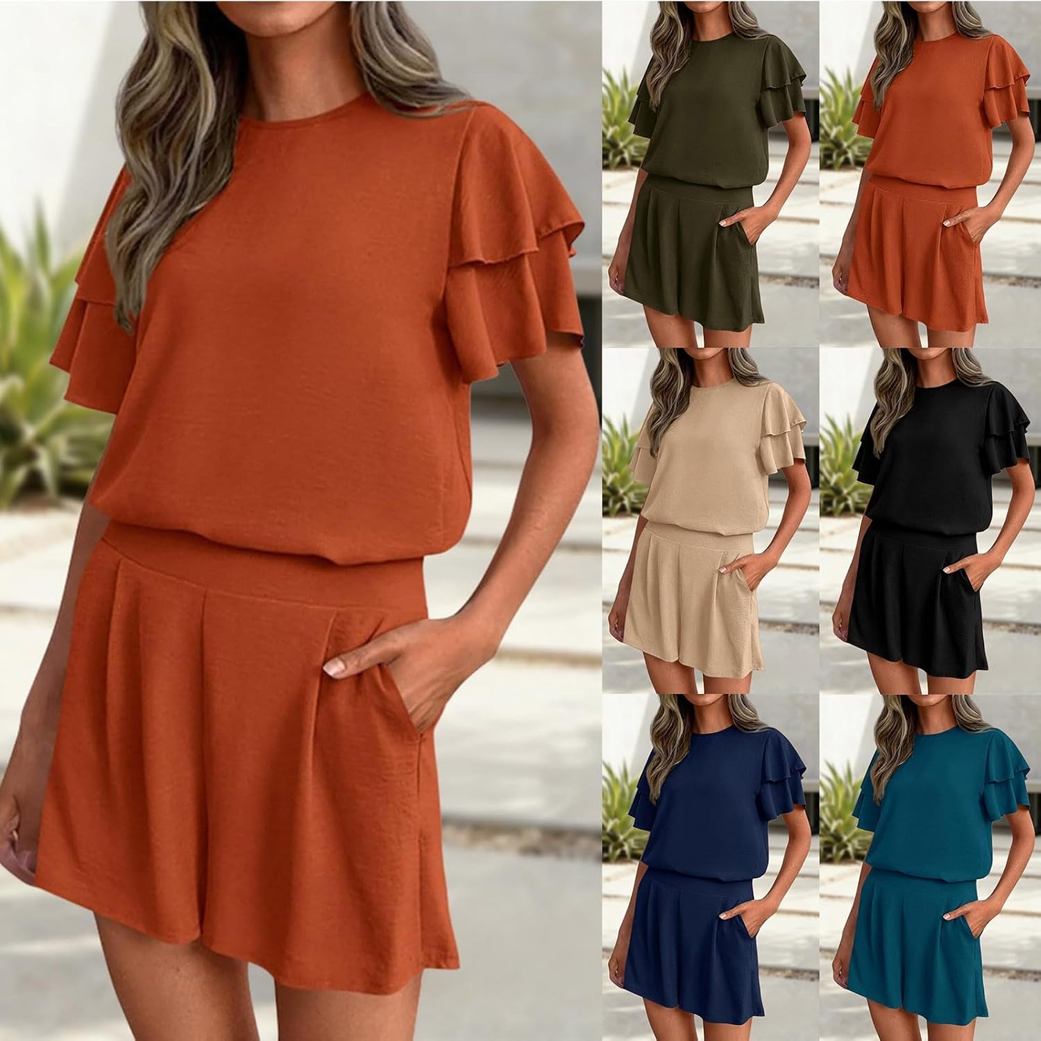 HGps8w 2 Piece Outfits for Women Summer Cute Flutter Sleeve Sleeve Top with Shorts Lounge Travel Matching Sets with Pockets