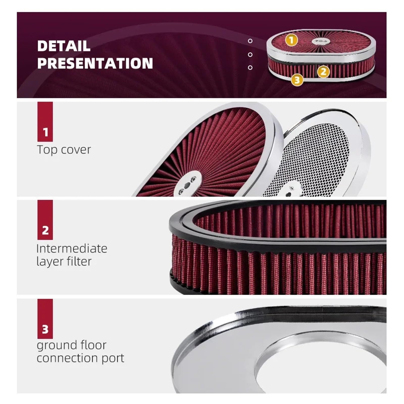 Filtro de aire para moto Compatible con Chevy Compatible Ford Conjunto de filtro limpiador aire ovalado alto flujo cromado 12 "x 2" Cuello carburador 5-1/8 "con tapa(Red)