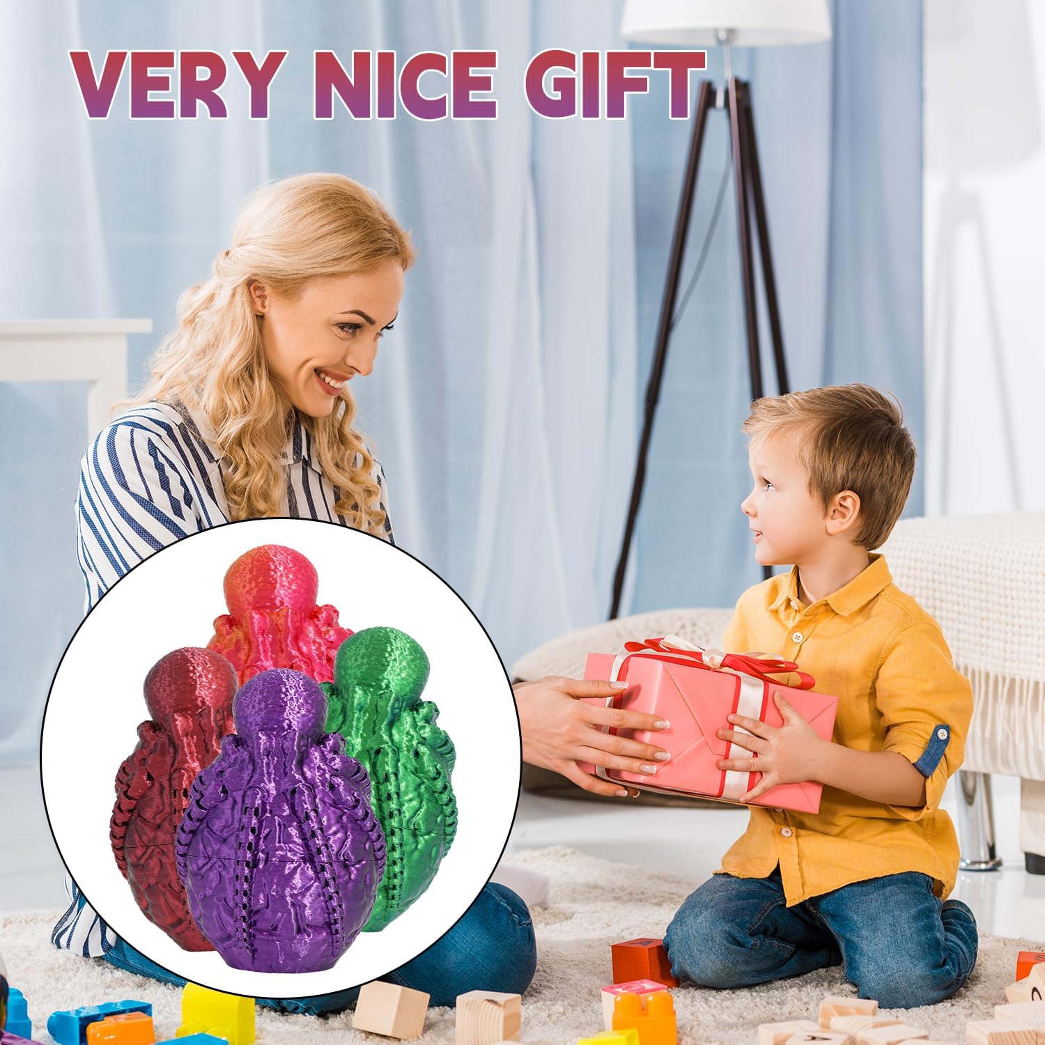4PCS 3D Printed Octopus Animal Egg Set,Crystal Animals Egg Fidget Toy with Octopus Inside Easter Halloween for Kids (4pcs Octopus)