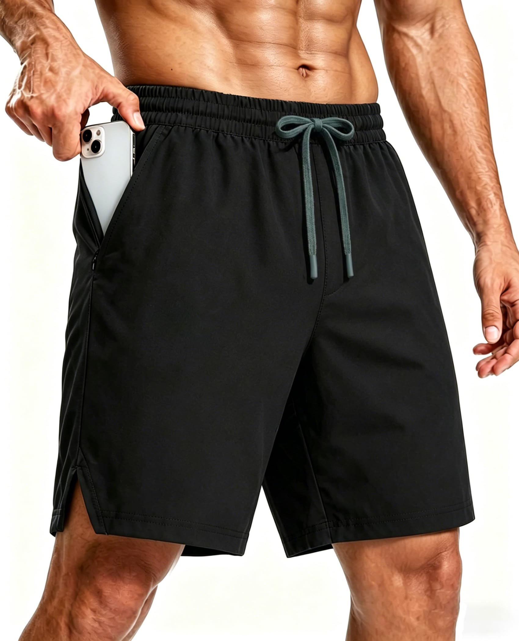 CoozySphere Mens Running Shorts with Phone Pocket Quick Dry Gym Shorts with Zip Pocket for Training Workout Solid Black