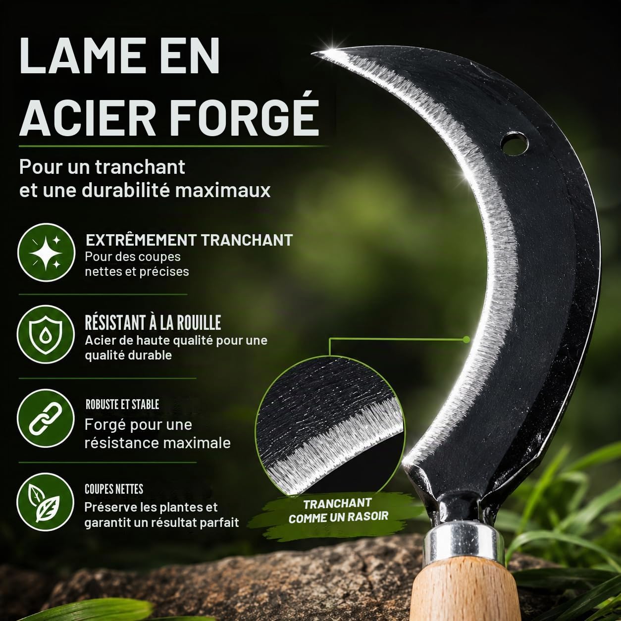 Set de faucilles de qualité supérieure avec pierre à aiguiser, faucille tranchante, faucilles à main 35 cm, petites faux, tondeuse, coupe-herbe, manche en bois, faucille forgée pour faucher