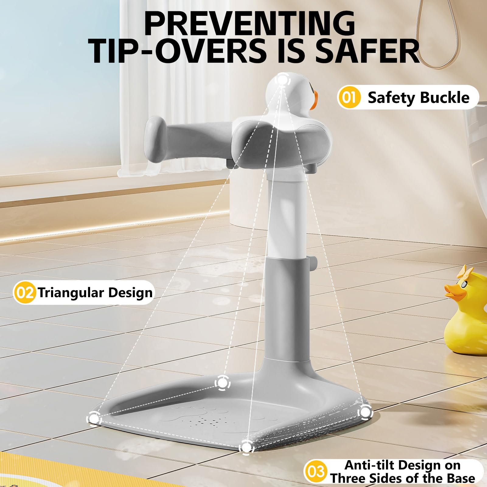 Soporte de Bañera para Bebé, Ducha para Niños de Pie, Soporte Ducha con Base Antideslizante y Asa de Seguridad para Niños de 8 a 36 Meses, Ideal para Duchas de Bebé y Viajes (amarillo)
