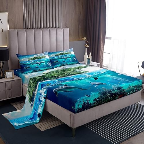 Miniatura 20 de Juego de sábanas japonesas Ukiyoe para niños, diseño oriental de olas oceánicas con bolsillo profundo, sábana bajera ajustable para niños y niñas,