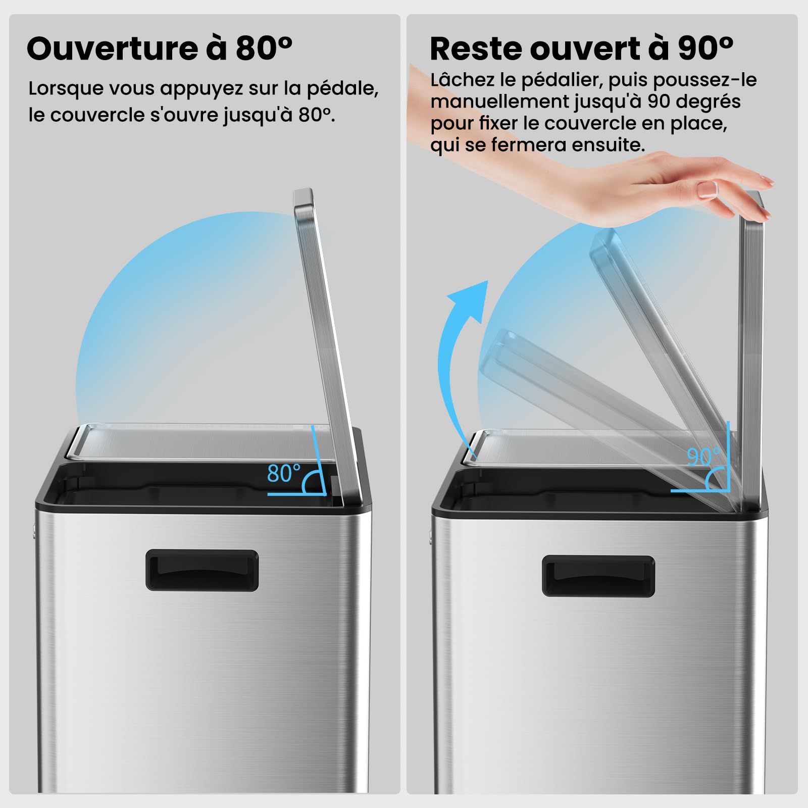 mVm Poubelle de Cuisine,2 x 30 Litres,2 Seaux Amovibles,Acier Inoxydable,2 Compartiments, Poubelle Recyclage Rectangulaire à Pédales, Couvercle à Fermeture Douce, Hermétique,Argent