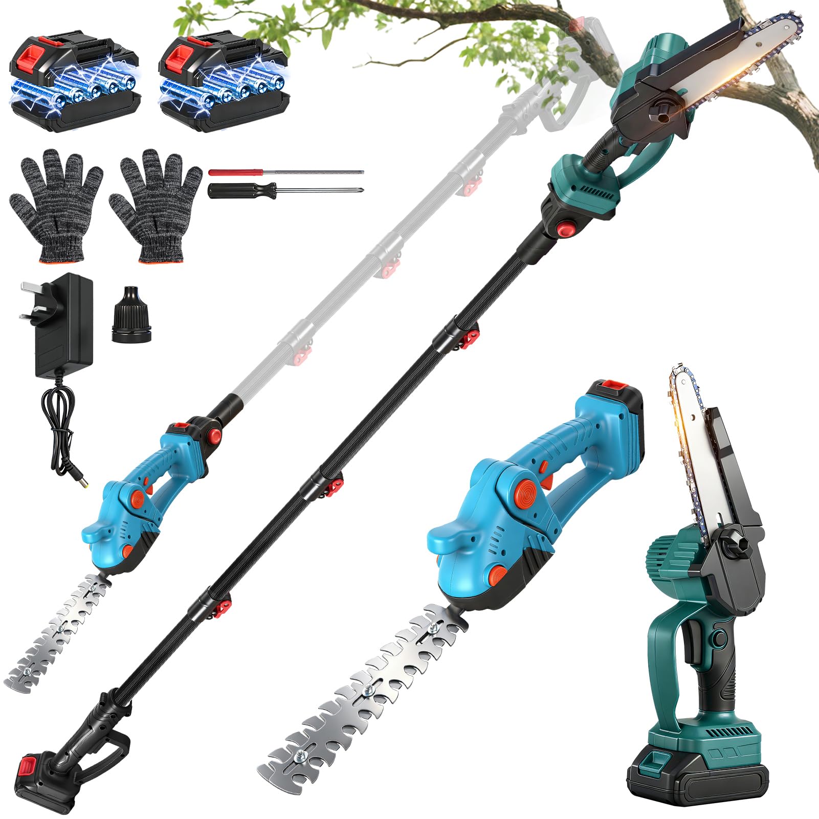 Electric Pruning Saw,4-in-1 Pole Saw&Hedge Trimmer with 2M Extendable Rod — image 1