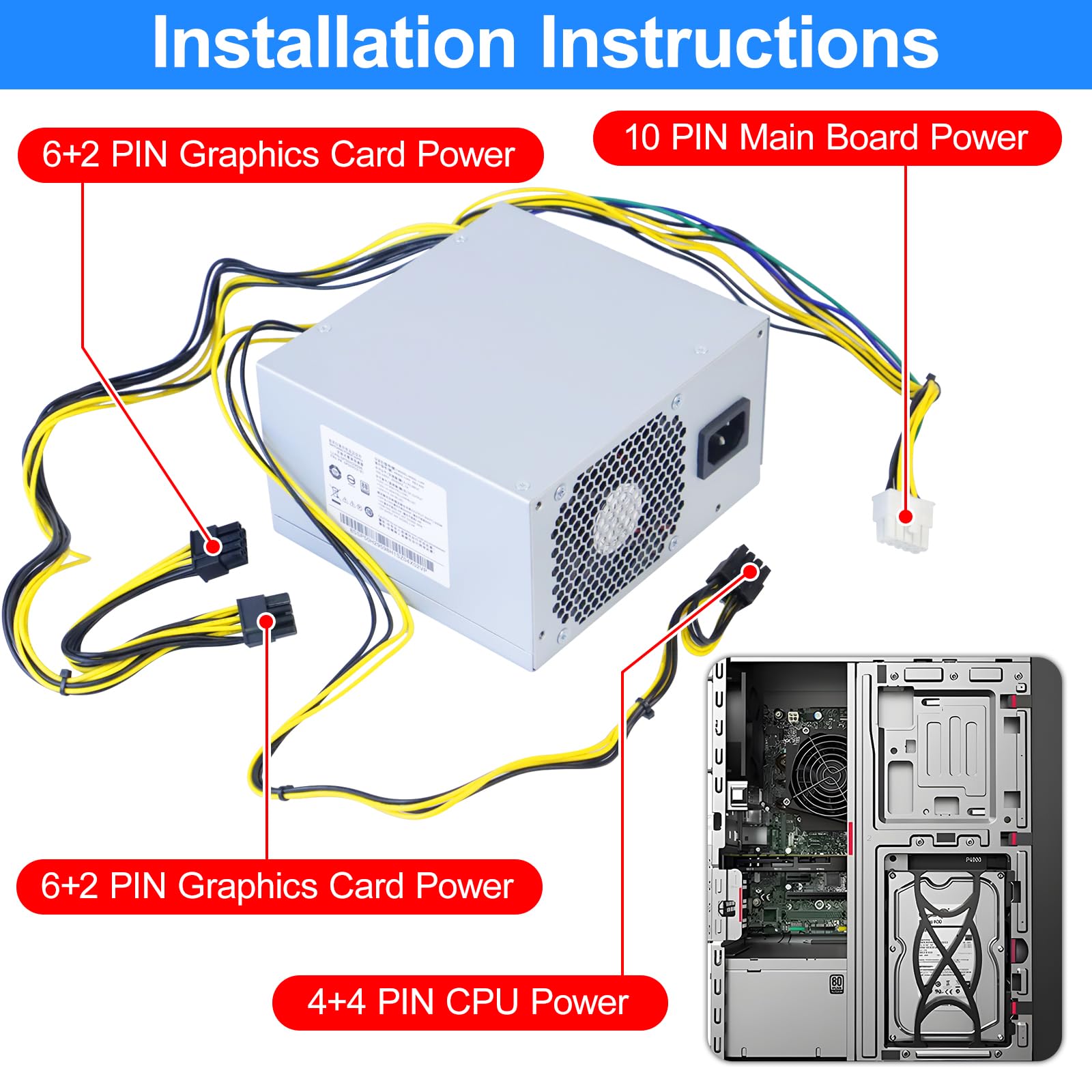 Actualizado 500 W HK600-11PP Compatible con Lenovo P330, P340, P350, P328, P310, M930T, T4900K, PCK010, FSK010, 5P50V03181, 5P50V03218, SP50H29598 y FSP600-60AGPAA. Fuente de alimentación conmutada.